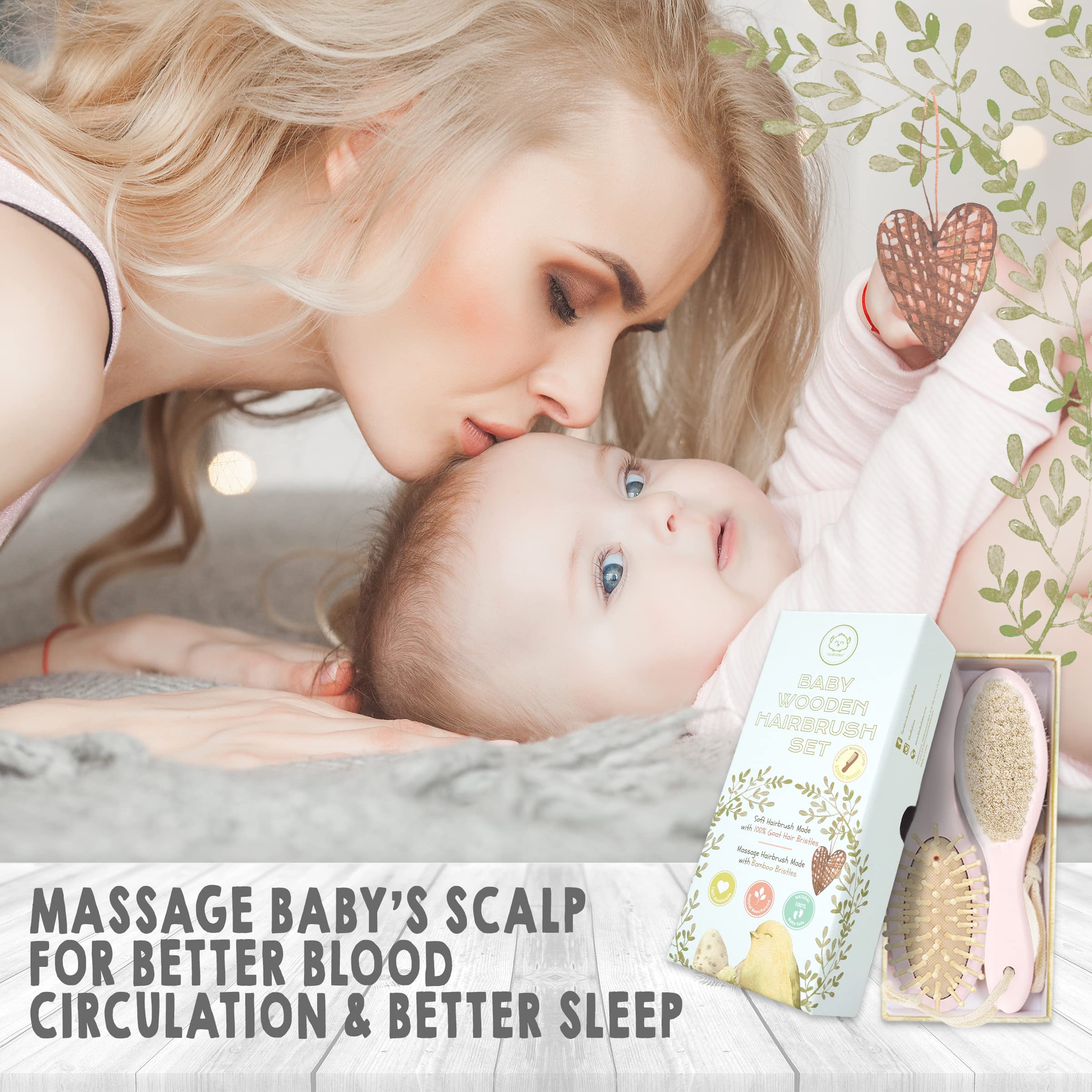 **Natural Wooden Baby Hair Brush & Comb Set with Soft Goat Bristles for Newborns - Cradle Cap Care & Gentle Hair Styling | Includes Washcloths & Towels (Blush Pink) - Perfect for Bath Time, Baby Showers & Daily Grooming**