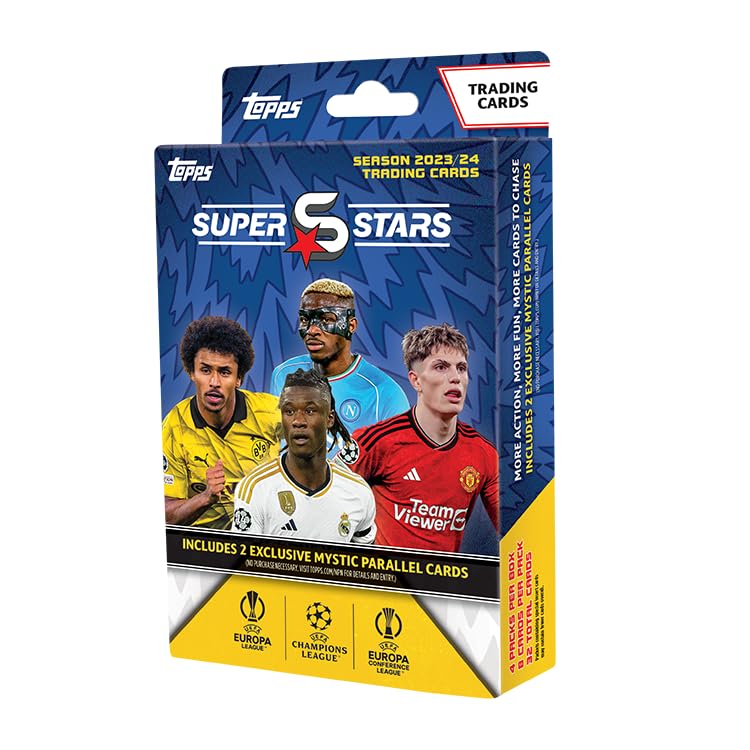 Topps UCC Superstars 23/24 Hanger Pack - 4 Packets of UEFA Superstars 2024 with 2 Mystic Parallel Cards (8 Cards per Packet/32 Total) - Perfect for Soccer Card Collectors and UEFA Champions League Fans