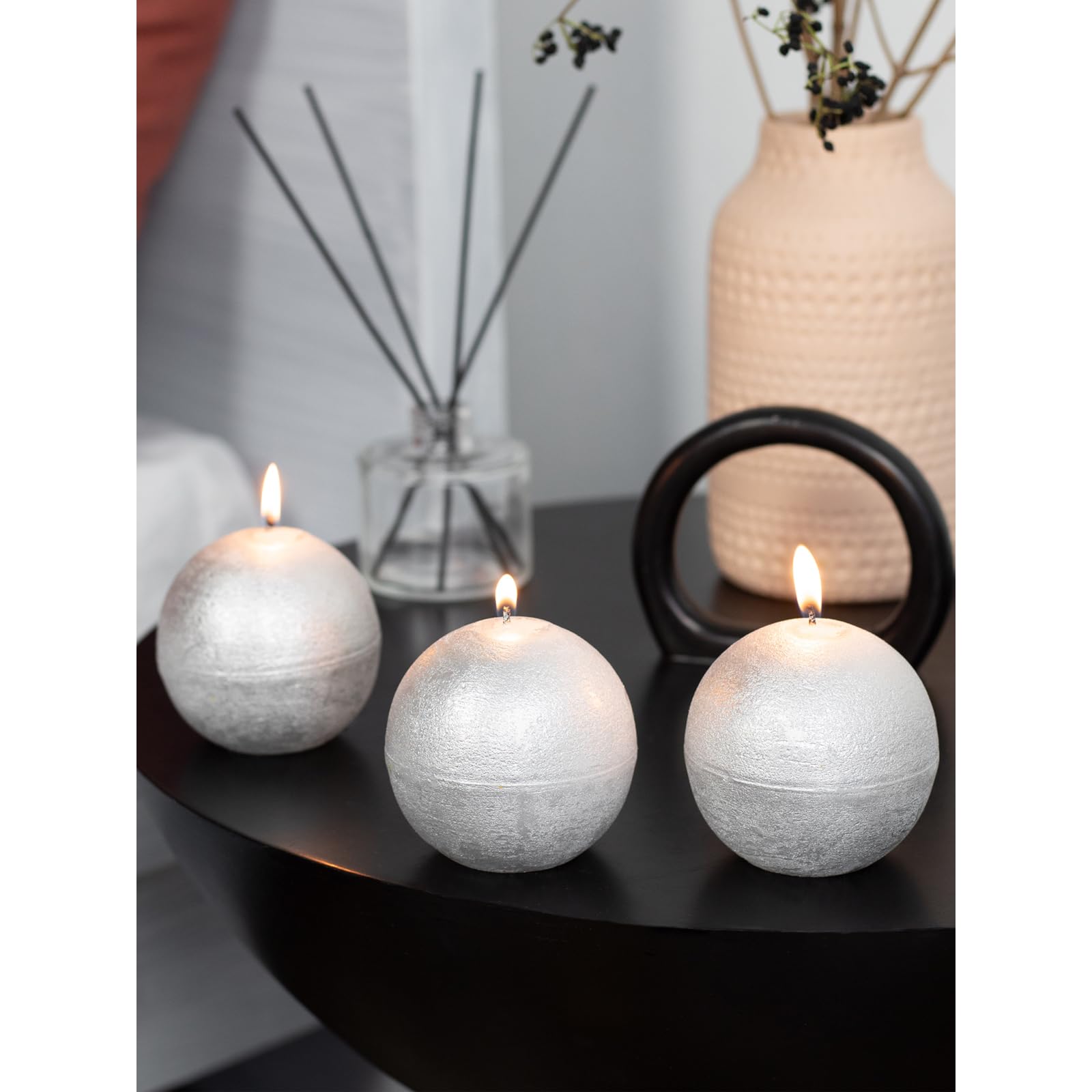 3-Pack CANDWAX 3-Inch Round Silver Unscented Candles - Long Burning Decorative Ball Candles for Wedding, Romantic Decor & Home Ambiance