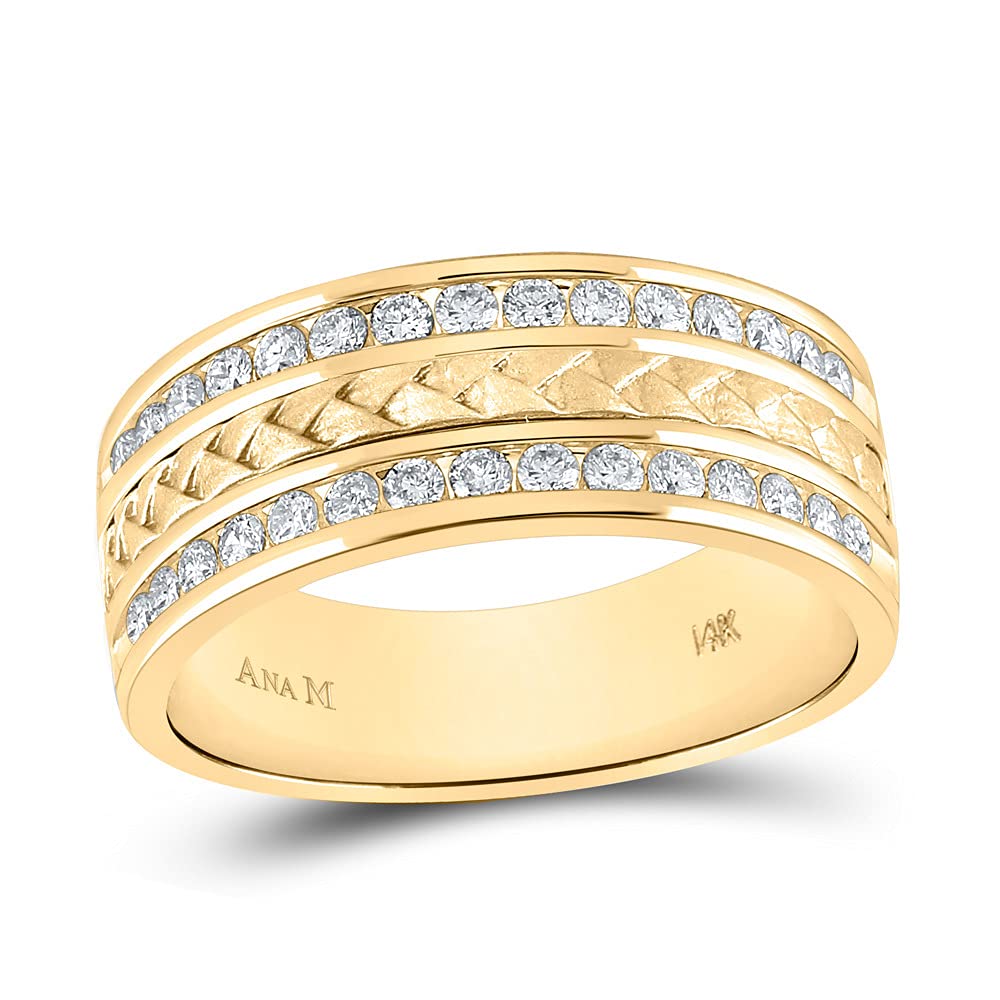 14K Yellow Gold Men's Round Diamond Wedding Band Ring - 3/4 CTTW Braided Inlay Design for Engagement, Anniversary & Special Occasions