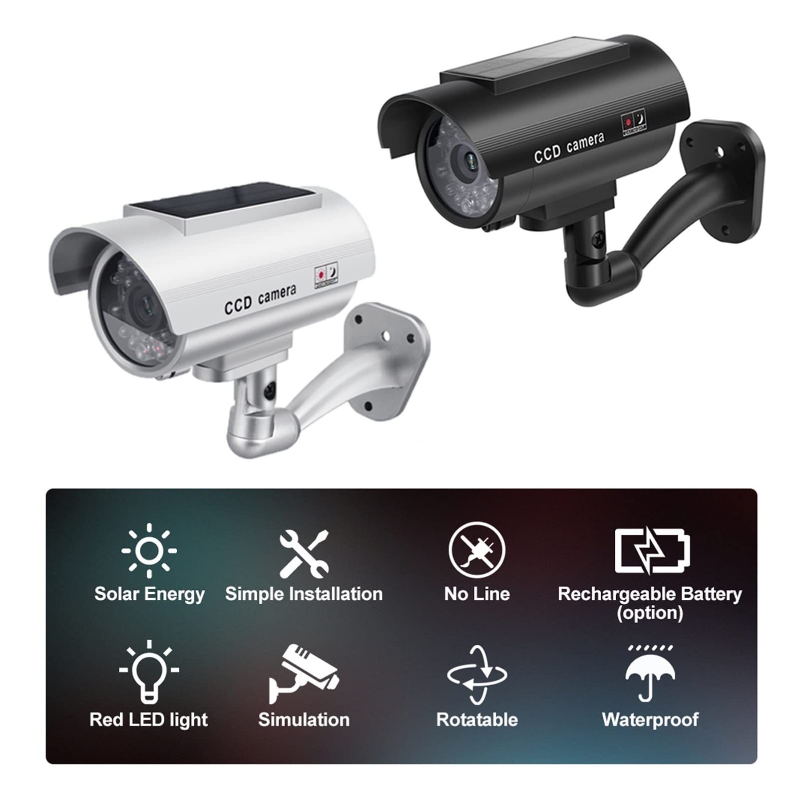 DELURA Solar Security Camera - 3 Pack Silver Fake Dummy Outdoor Camera with LED Light, Waterproof & Solar Panel for Indoor/Outdoor Home Security - Perfect for Deterrence, Surveillance, and Monitoring in Yards, Garages, and Entryways