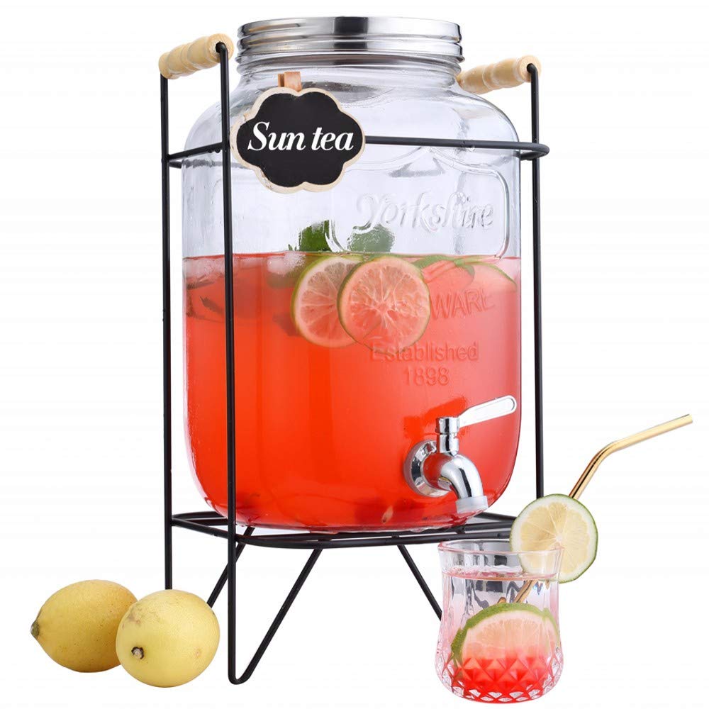 2 Gallon Clear Glass Beverage Dispenser with Stainless Steel Spigot & Stand - Mason Jar Style Drink Dispenser for Cold Beverages Only - Perfect for Parties, Weddings, and Outdoor Events