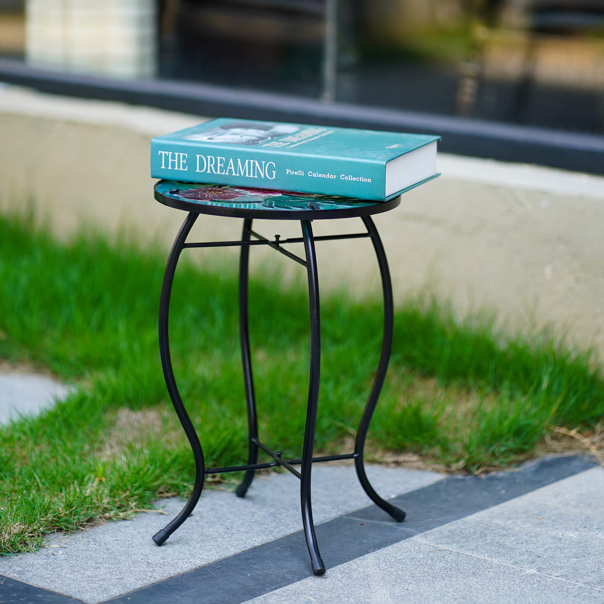 Butterfly Patio Side Table - Small Outdoor End Table with Metal Frame & Glass Top for Porch, Garden, Yard, Poolside - Perfect for Drinks, Plants & Decor