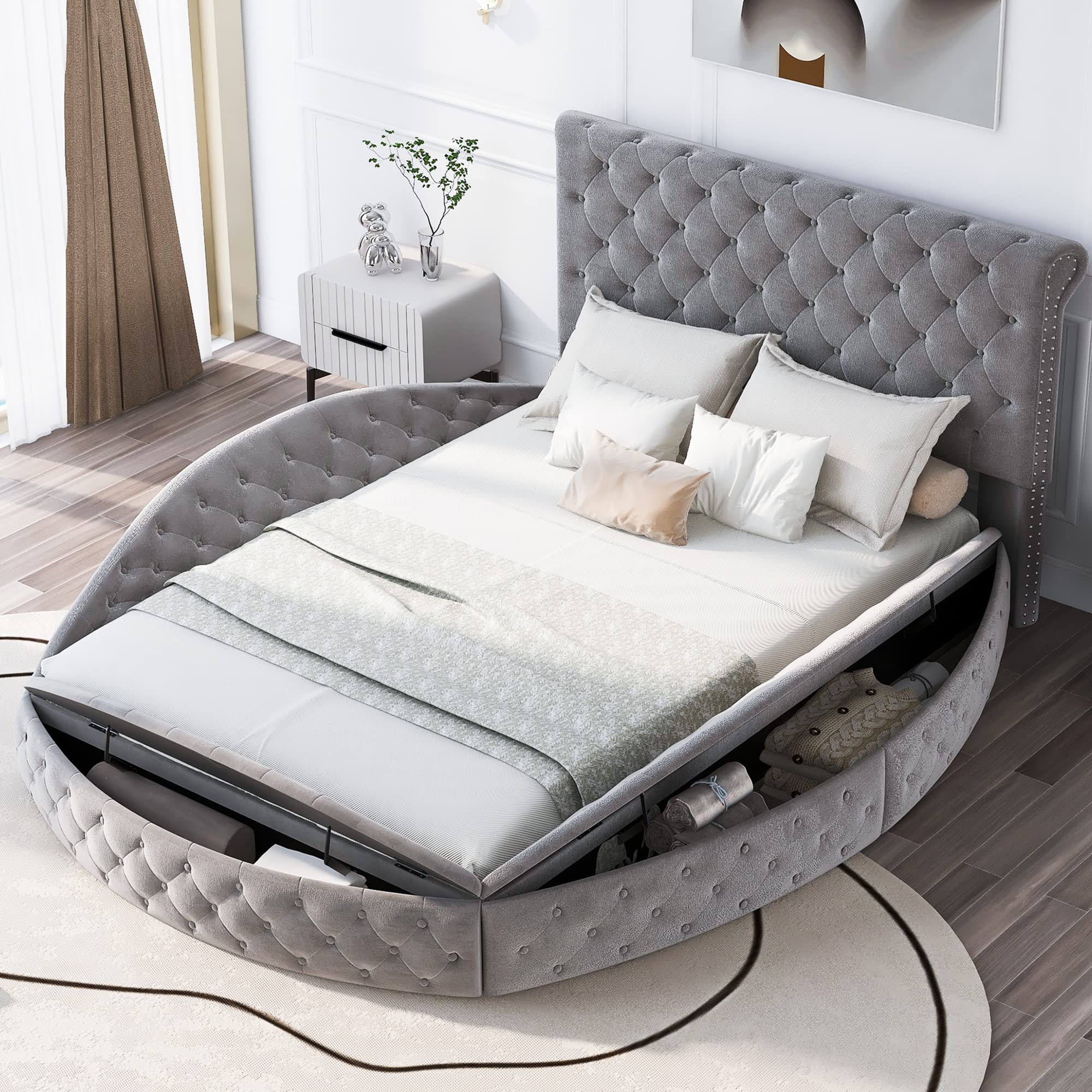 Merax Queen Size Upholstered Platform Bed Frame with Storage - Round Tufted Headboard & Footboard, No Box Spring Needed, Gray | Modern Bedroom Furniture for Small Spaces & Guest Rooms