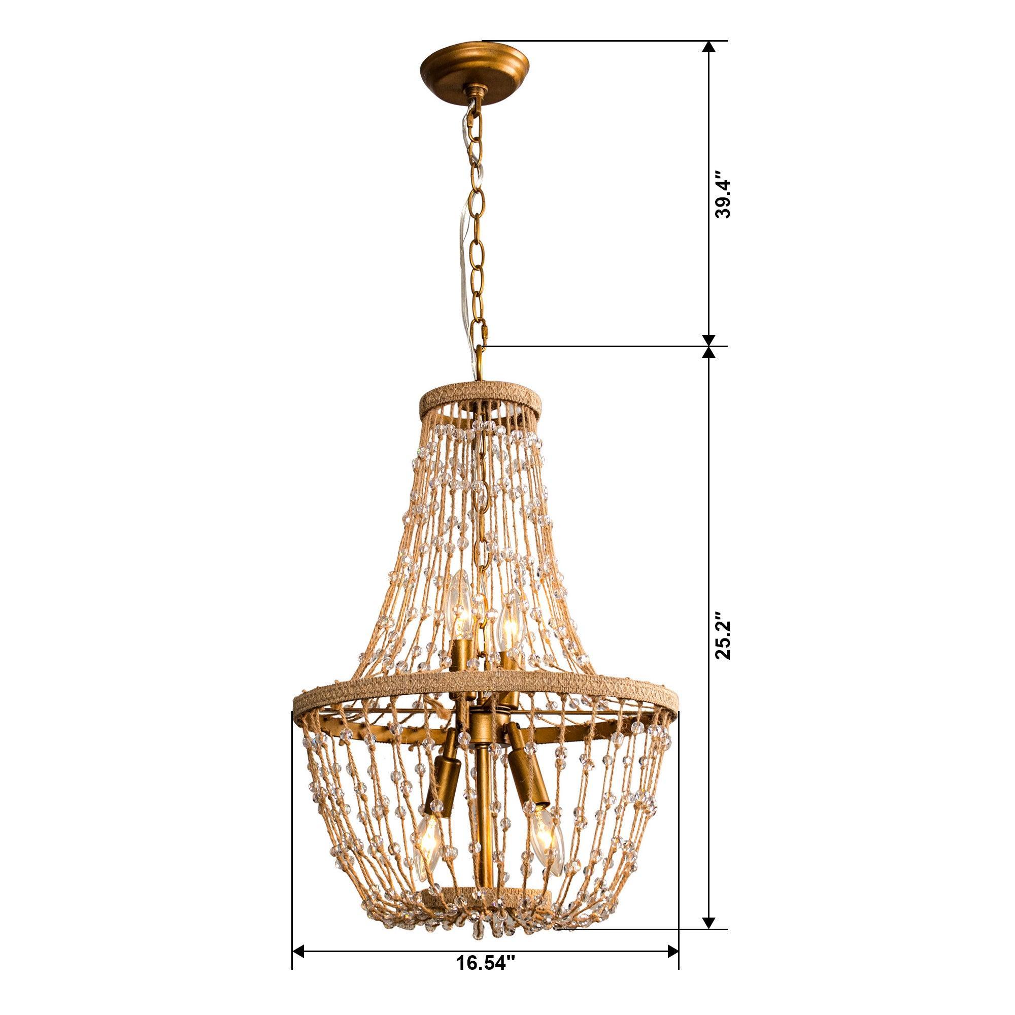 Modern Beaded Basket Weathered Wood 4-Light Chandelier - Rustic Farmhouse Ceiling Light Fixture for Dining Room, Bedroom or Entryway