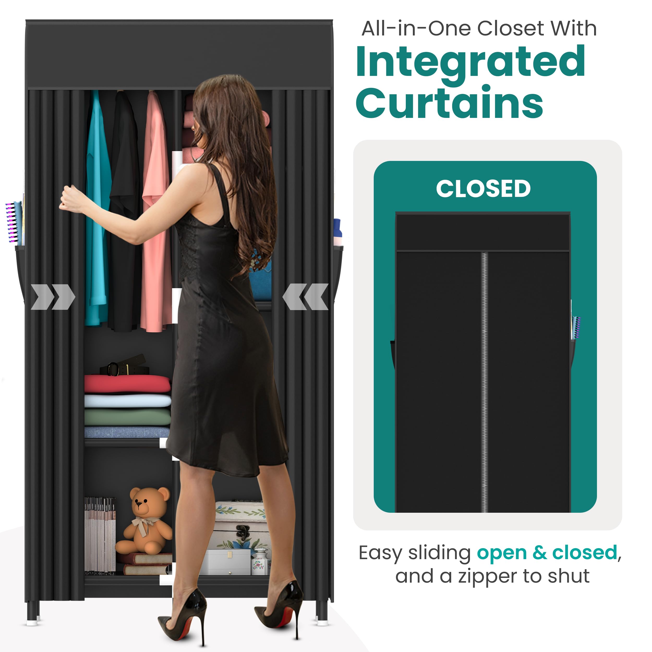Portable Closet Organizer with 6 Shelves & Hanging Rack - Space-Saving Wardrobe Storage for Clothes | Ideal for Small Spaces, Dorms, Apartments & Travel | Perfect for Home, Office & Camping Use (Black)