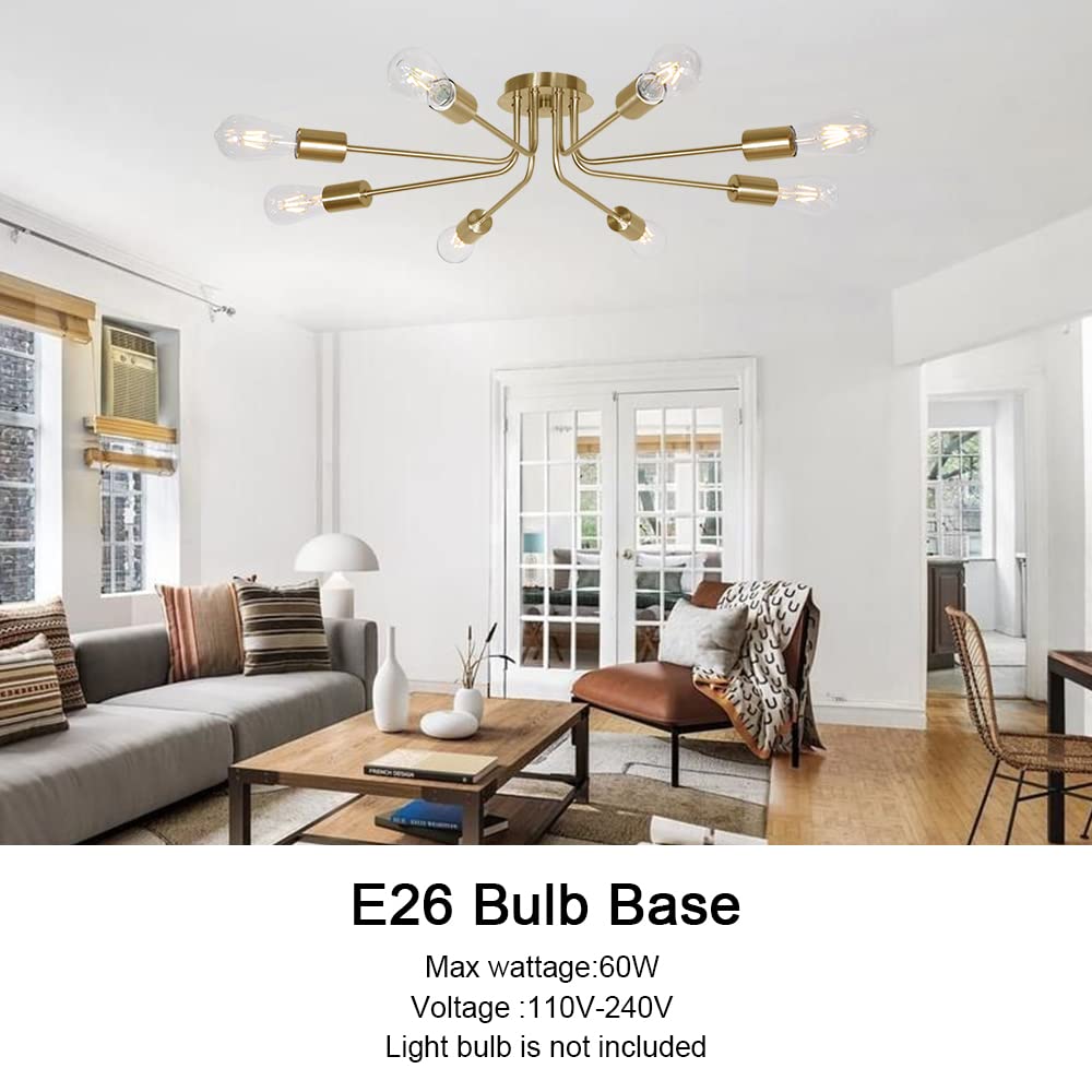 8-Light Sputnik Chandelier Brushed Brass Semi-Flush Mount Ceiling Light Fixture - Modern Industrial Kitchen Lighting for Dining Room, Living Room & Bedroom