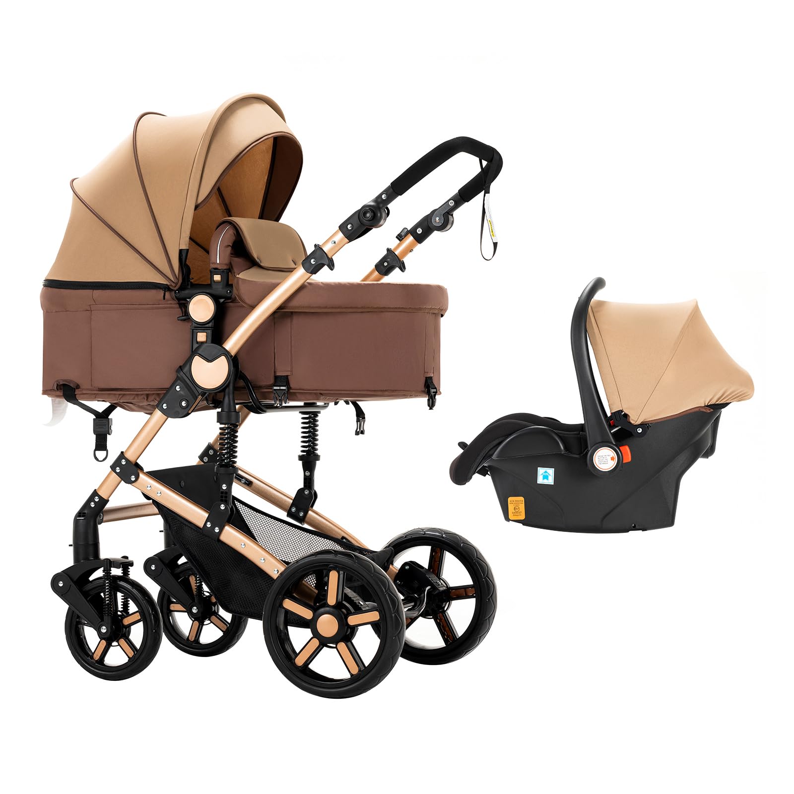3 in 1 Baby Stroller Travel System Combo Set - Reversible Convertible Infant Stroller with One-Click Folding, Lightweight Aluminum Frame Stroller for Newborn & Toddler (UD588-Khaki with Base) | Perfect for Shopping, Travel & Daily Walks
