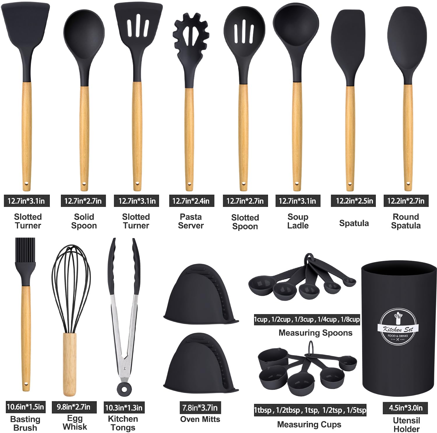 24-Piece Heat Resistant Silicone Kitchen Utensil Set with Wooden Handles (446°F Safe) - Non-Stick Cooking Tools with Storage Holder - Perfect for Baking, Frying & Everyday Cooking - Black Kitchen Gadgets & Accessories