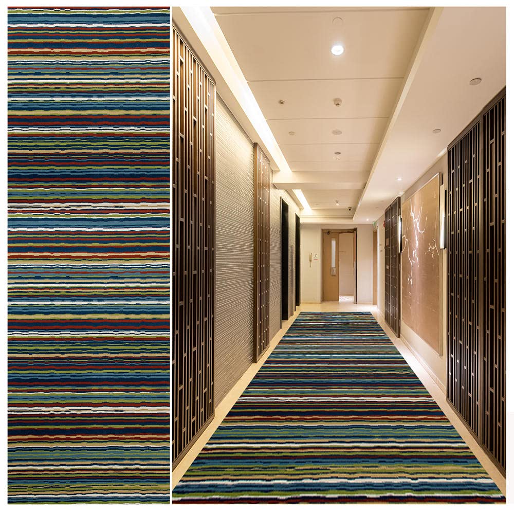 Non-Slip Washable Hallway Runner Rug 3' x 9' - Stain Resistant Indoor Area Carpet with Rubber Backing for Kitchen, Living Room, Bedroom & Entryways | Dark Blue Abstract Line Design | Perfect for High Traffic Areas & Home Decor