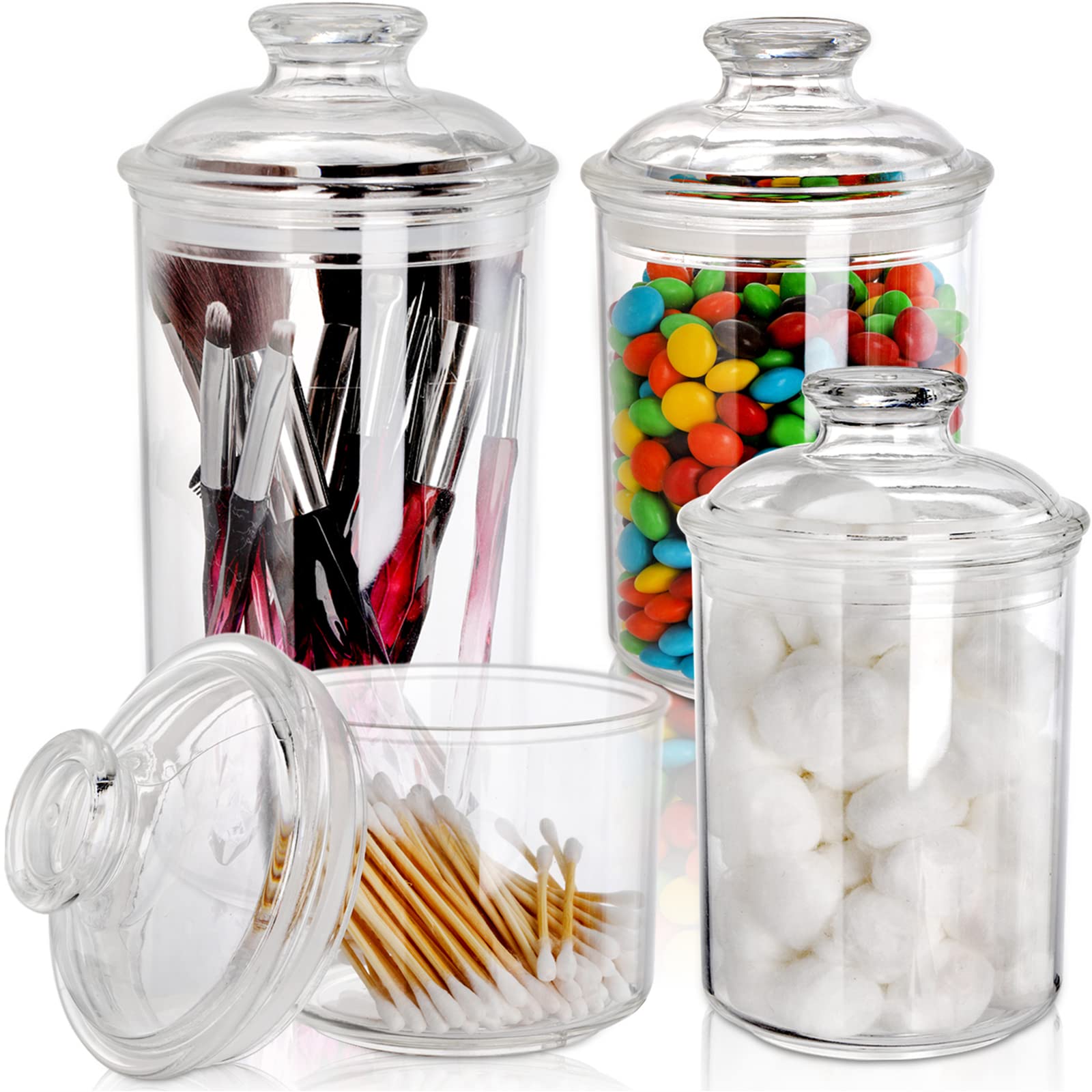 DEAYOU 4 Pack Clear Plastic Storage Jars with Airtight Lids - 33oz, 23oz, 13oz Food Grade Containers for Candy, Cookies, Spices & Kitchen Organization | Perfect for Pantry, Bathroom Vanity & Craft Storage
