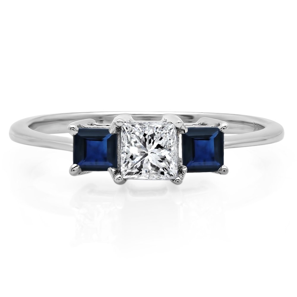 18K White Gold Princess Cut White Diamond & Blue Sapphire Women's Bridal 3-Stone Ring | Dazzlingrock Collection | Perfect for Engagement, Wedding & Anniversary Gifts