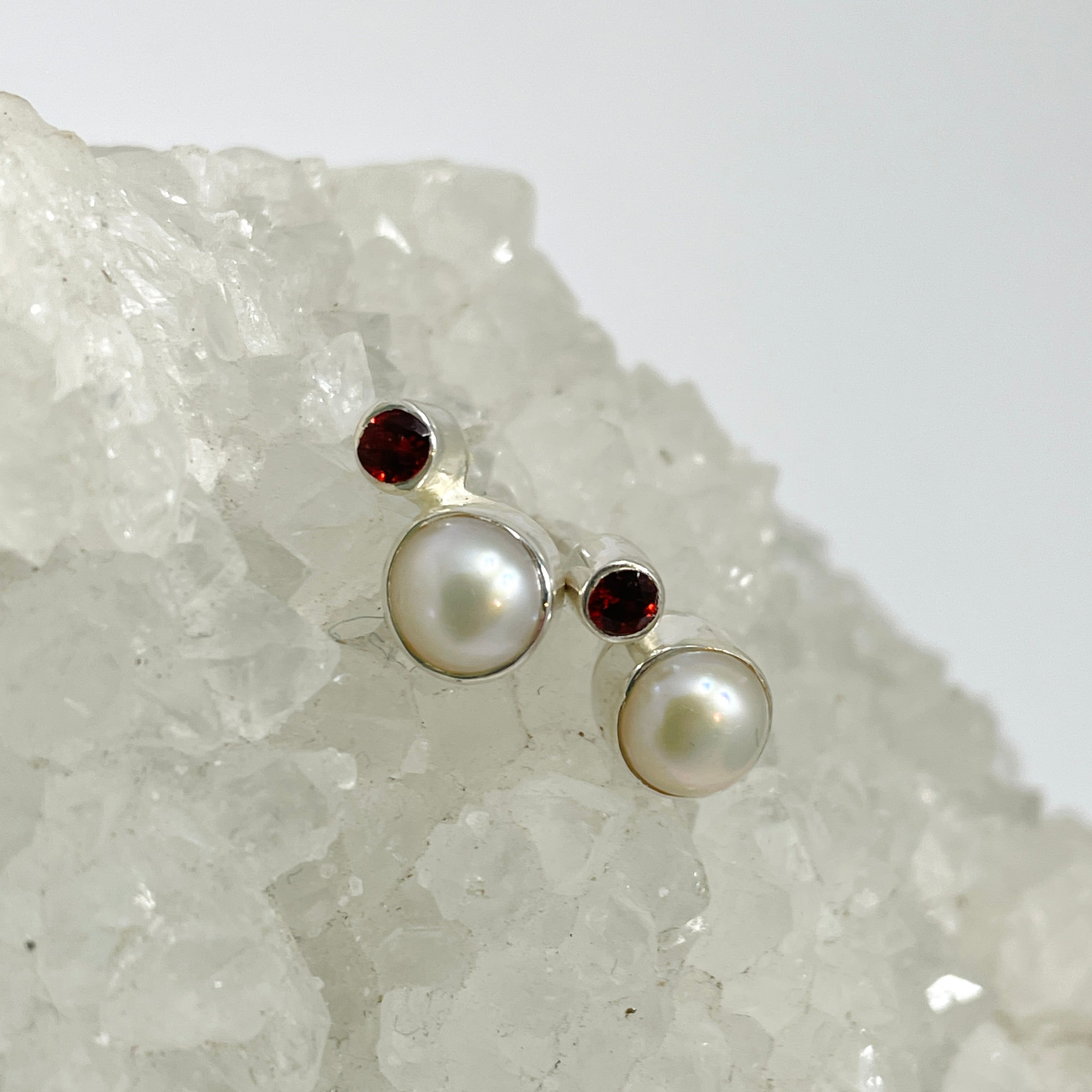 Pearl and Garnet Stud Earrings S259 GAR - Elegant Jewelry for Women, Perfect for Weddings, Parties & Special Occasions