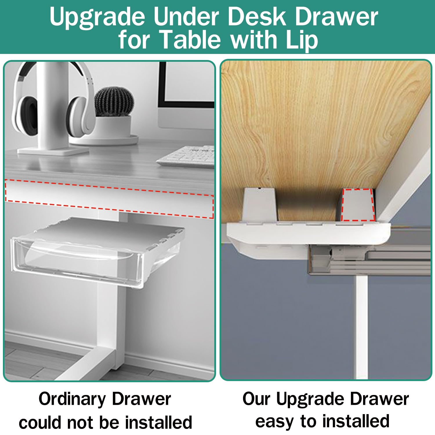 Upgrade Under Desk Drawer with Lip - Attachable Plastic Office Organizer, Hidden Slide-Out Storage Tray for Pens, Pencils & Supplies | Perfect for Home Office, Workspace & Study Desk Organization