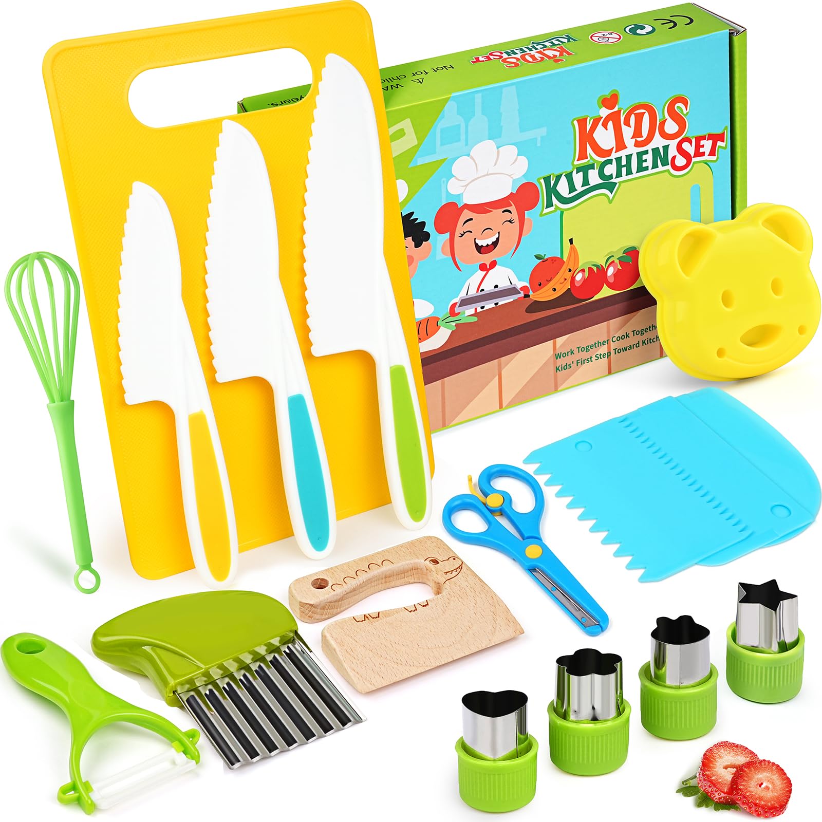 Montessori Kitchen Toys for Toddlers - 17PCS Kids Cooking Set with Safe Plastic Knives & Crinkle Cutter - Realistic Toddler Cooking Toys for Pretend Play & Early Learning - Perfect for Home, Preschool & Role-Playing Activities