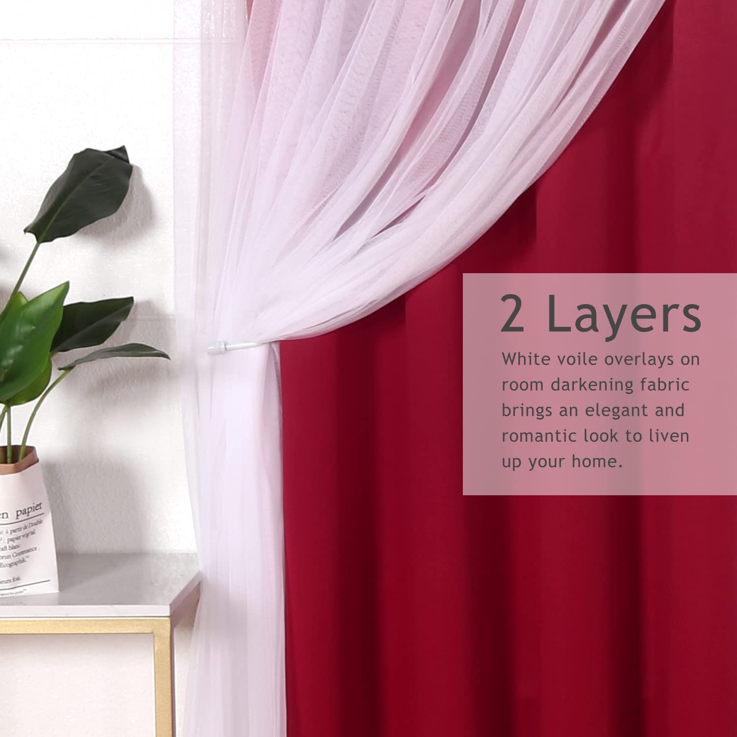 BONZER Double Layer Blackout Curtains with Sheer Voile - 52x63 Inch Set of 2 Panels, Red - Thermal Insulated Grommet Drapes for Bedroom & Living Room - Mix & Match Window Treatments for Light Control & Privacy