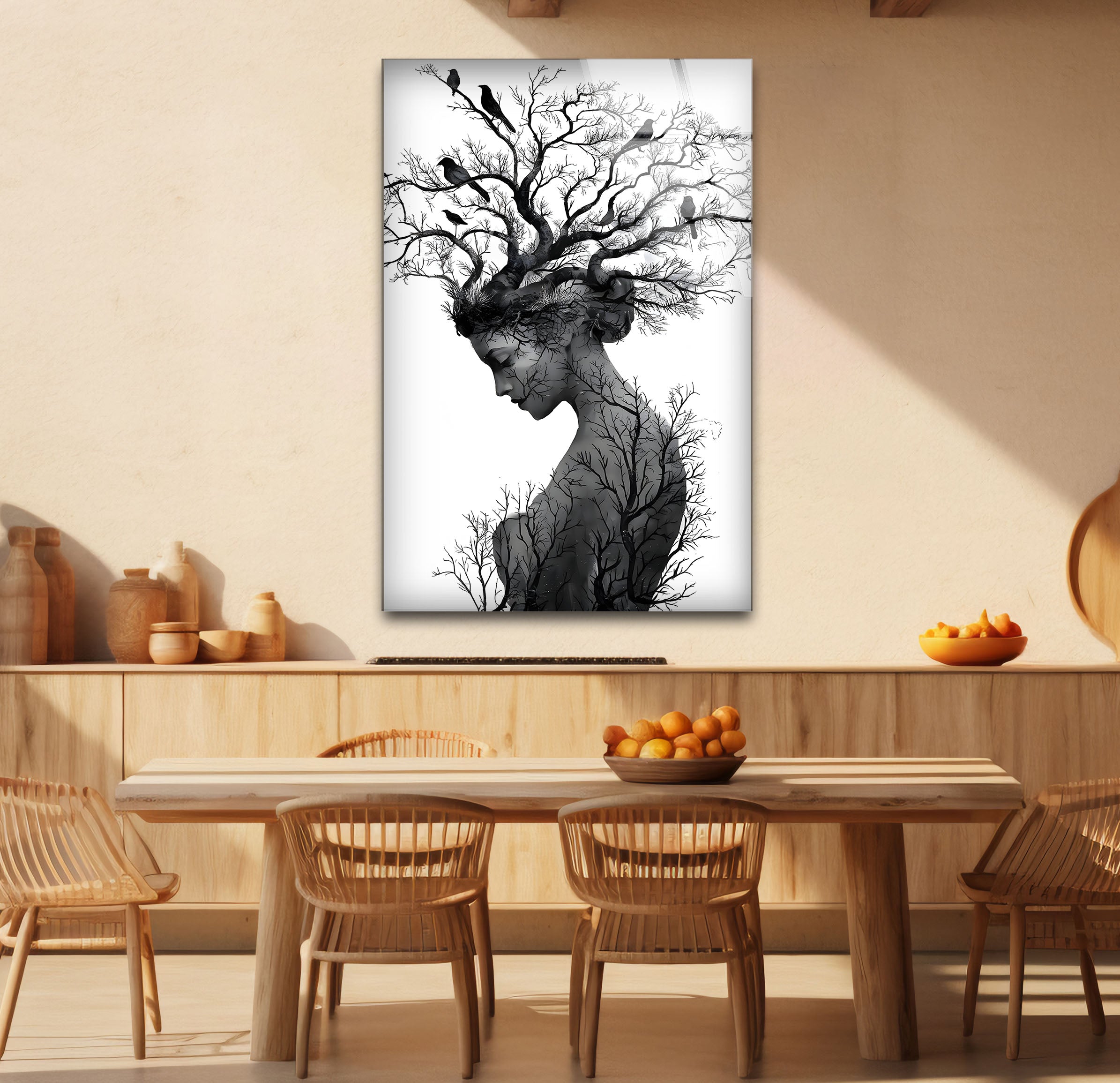 Black and White Mother Nature Glass Wall Art - Elegant Nature-Inspired Home Decor for Living Room, Bedroom & Office
