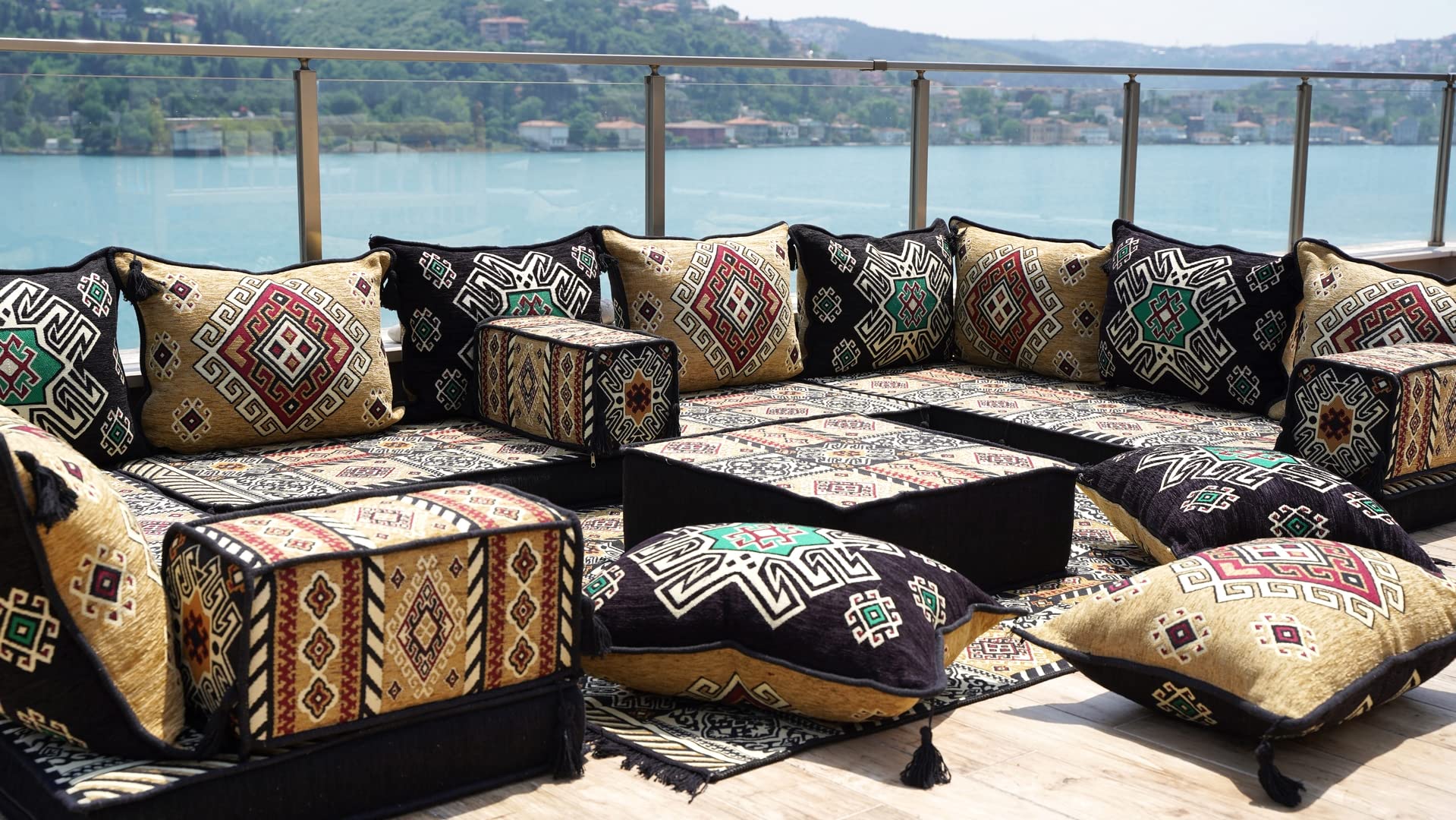 Premium U-Shaped Arabic Majlis Sofa Set with Floor Pillows & Cushions - Traditional Oriental Jalsa Seating for Living Room, Lounge & Cultural Gatherings