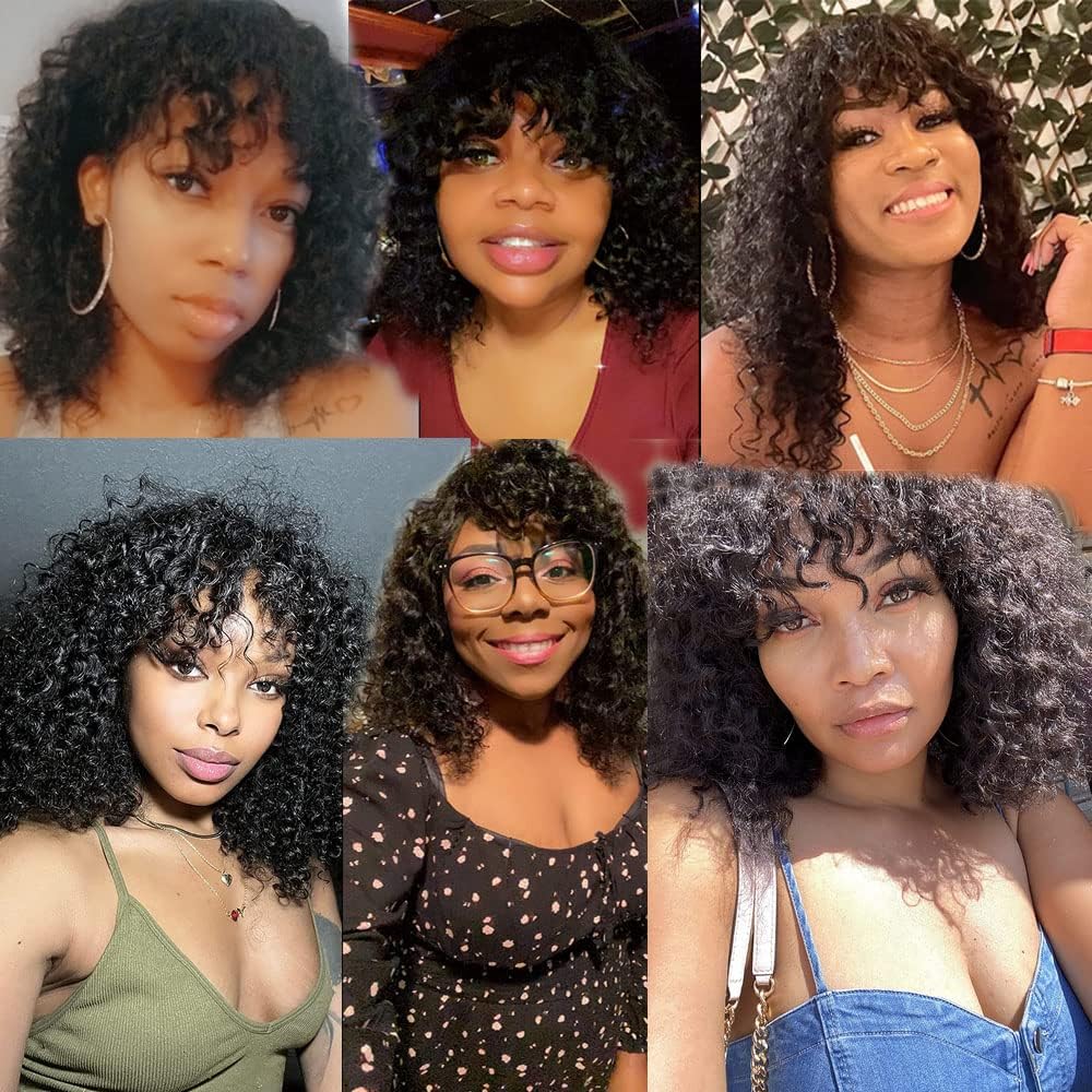 200 Density Machine-Made Human Hair Wig with Bangs - Brazilian Remy Short Curly Wig for Women (16 Inch) | Natural Look for Daily Wear & Cosplay