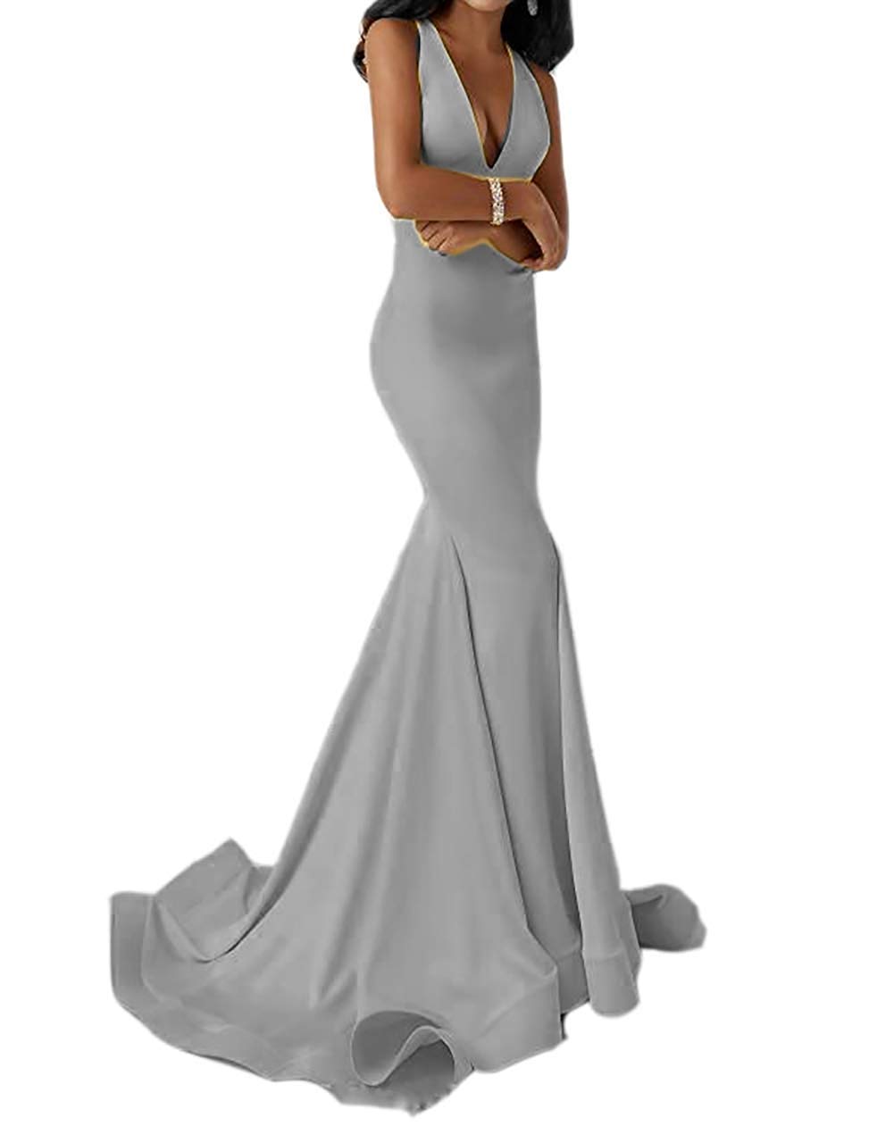 Honeydress Women's Sexy Mermaid Prom Dress - Deep V-Neck Sleeveless Backless Long Evening Gown with Train for Formal Events, Parties & Special Occasions - Grey