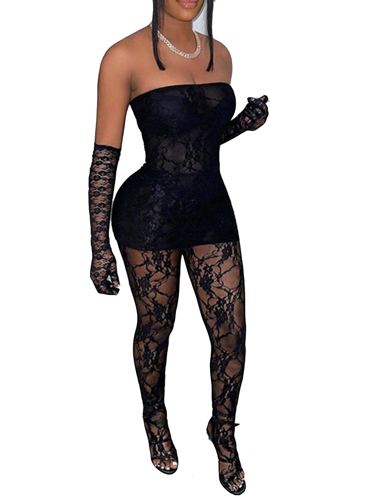 Mojessy Women's 2 Piece Lace Tube Top & Mini Dress Set with Stockings - Sexy Outfit for Birthday, Party & Night Out