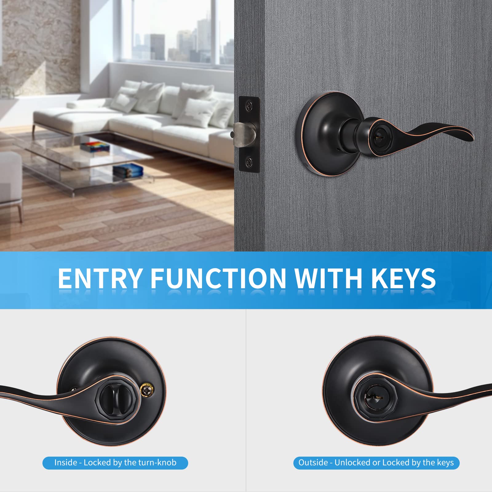 10 Pack Interior Door Handles with Lock and Keys - Keyed Alike Bedroom & Bathroom Door Knobs Set - Oil Rubbed Bronze Finish - Right/Left Handed Lever Door Locks for Home, Office & Apartment Security