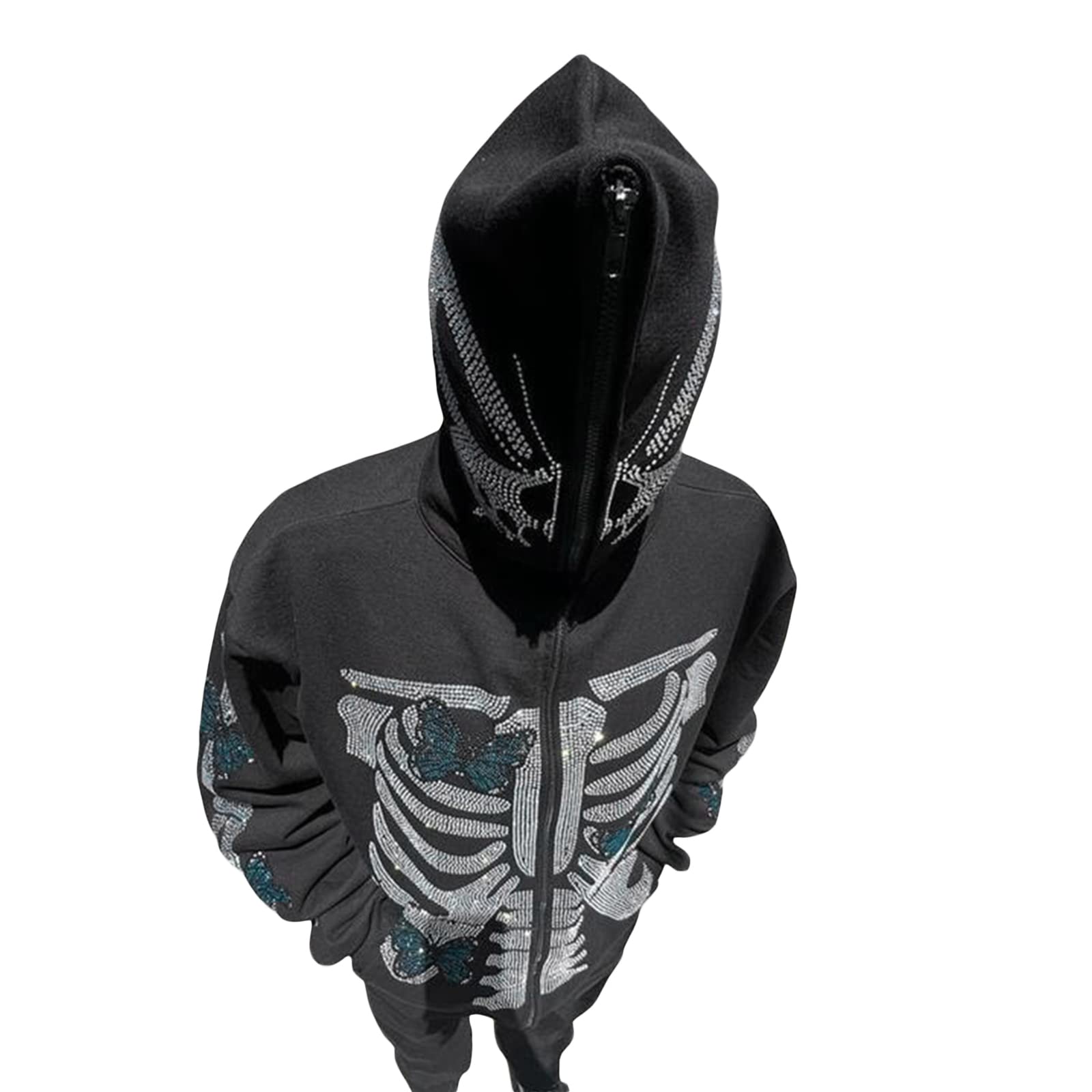Y2K Full Zip Up Hoodie for Women - Oversized Goth Sweatshirt with Rhinestone Details | Long Sleeve Graphic Jacket | Streetwear Fashion | Perfect for Casual Outfits, Concerts, and Night Out