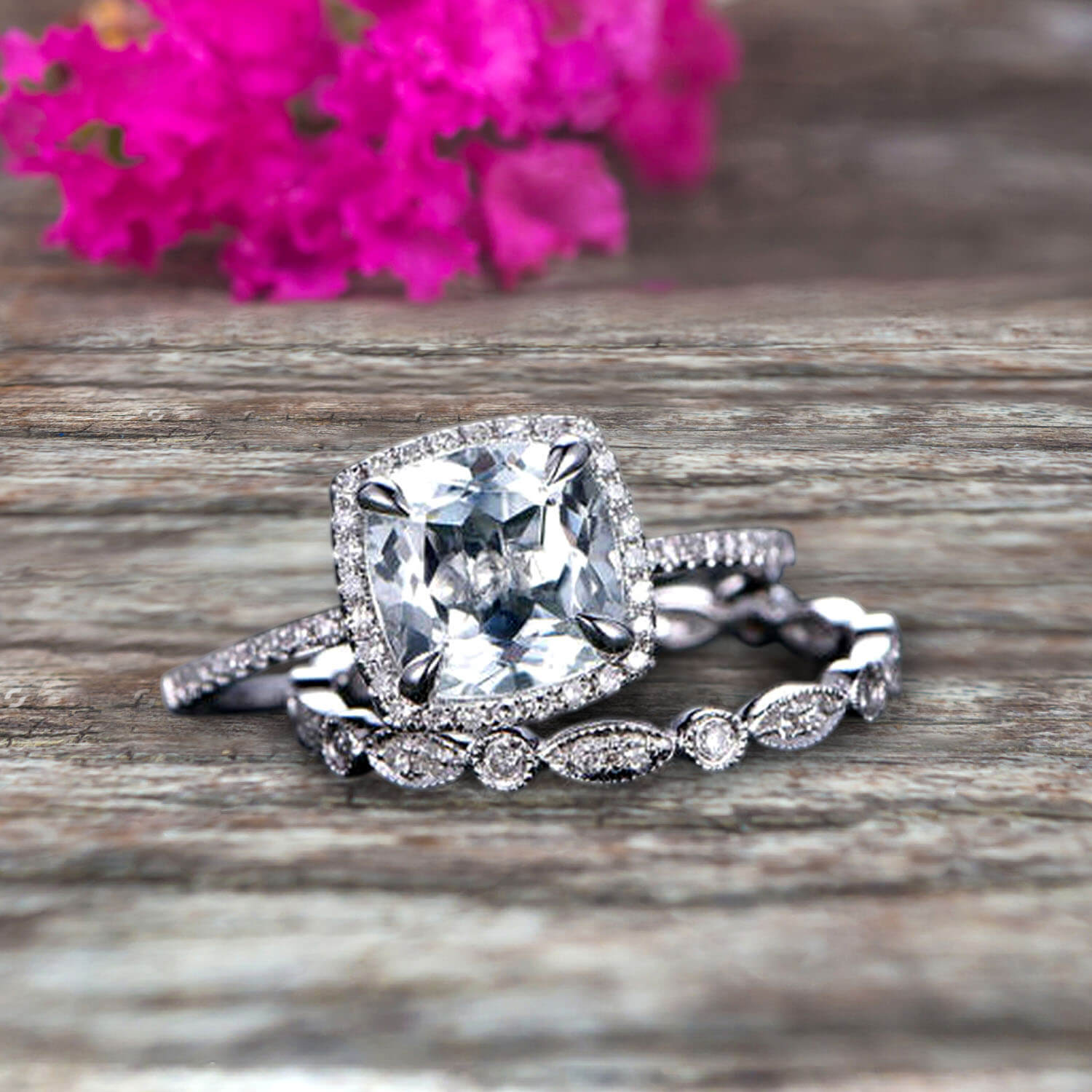 1.75 Carat Cushion Cut Vintage Aquamarine Engagement Ring with Wedding Band in 10k White Gold - Perfect for Proposals, Anniversaries & Bridal Jewelry
