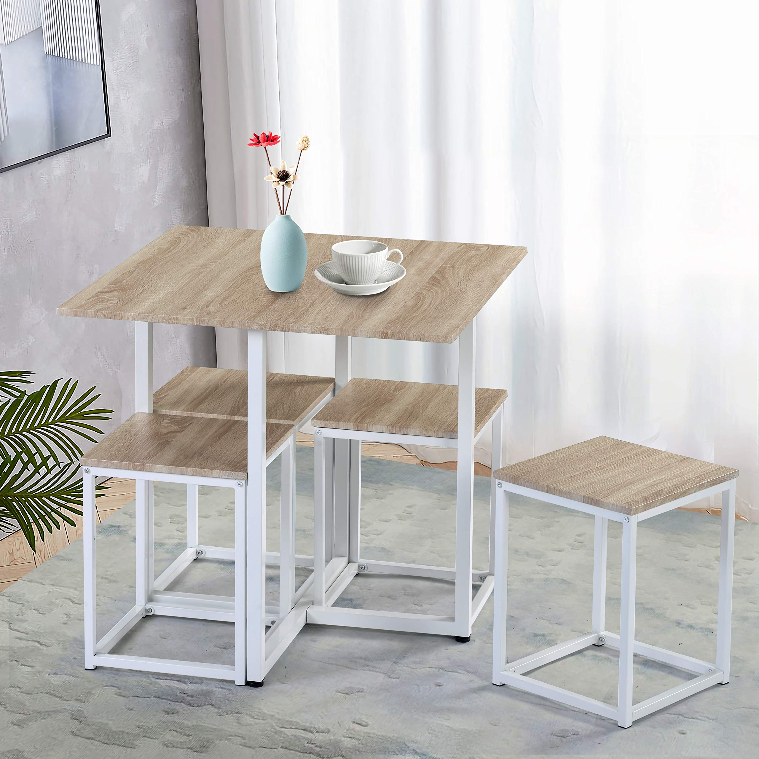 5-Piece Industrial Dining Table Set with 4 Bar Stools - Natural Wood & White Finish - Perfect for Kitchen, Living Room, Bar & Restaurant Decor