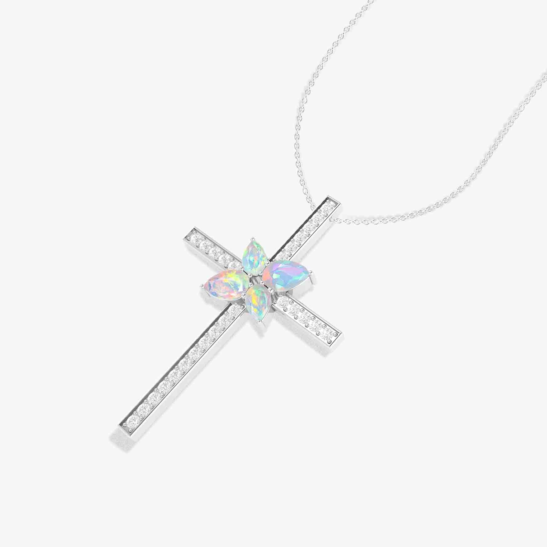 Natural White Opal Cross Pendant Necklace - Elegant Layering Chain Jewelry for Women, Gift for Birthday, Christmas & Special Occasions