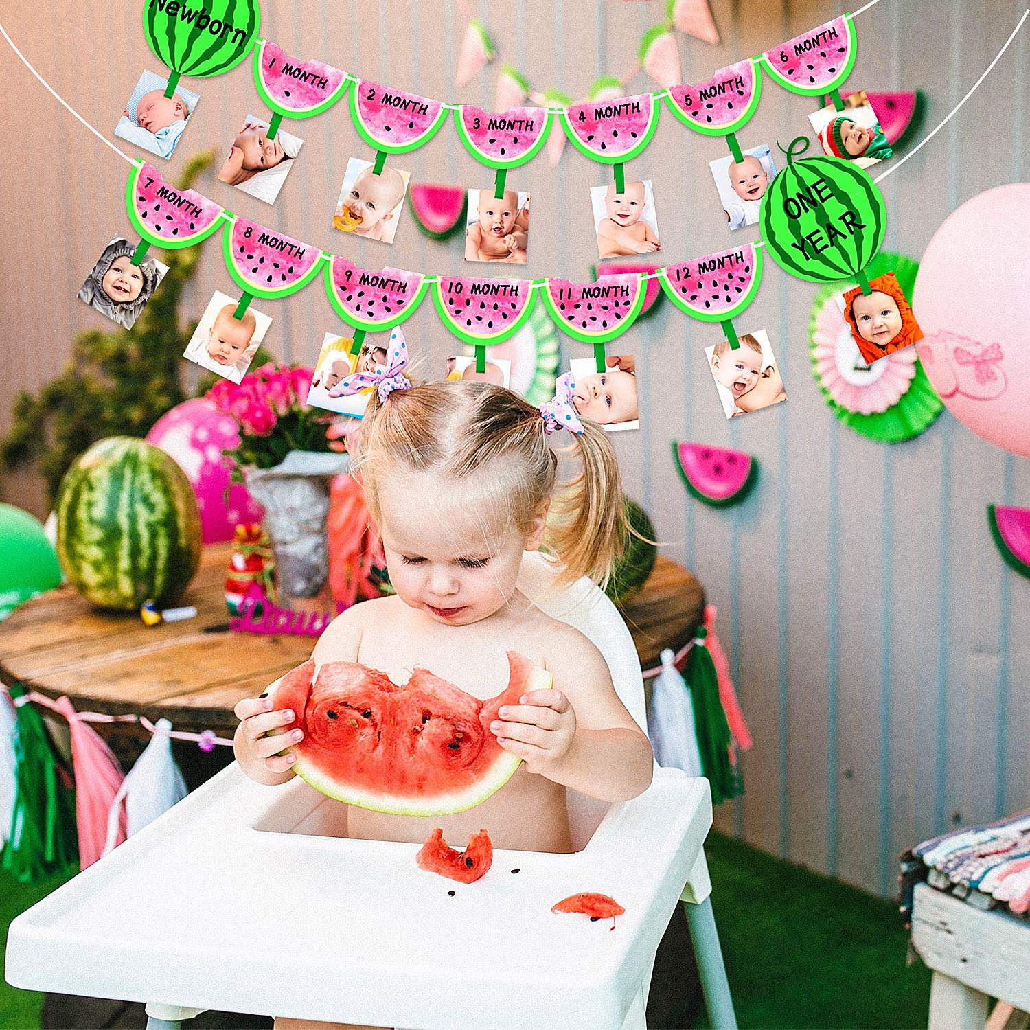 Watermelon Themed Birthday Photo Banner - Newborn to 12 Month Milestone Garland for Baby Showers & 1st Birthday Decorations | Perfect for Monthly Baby Photos, Nursery Wall Display, and Party Backdrops