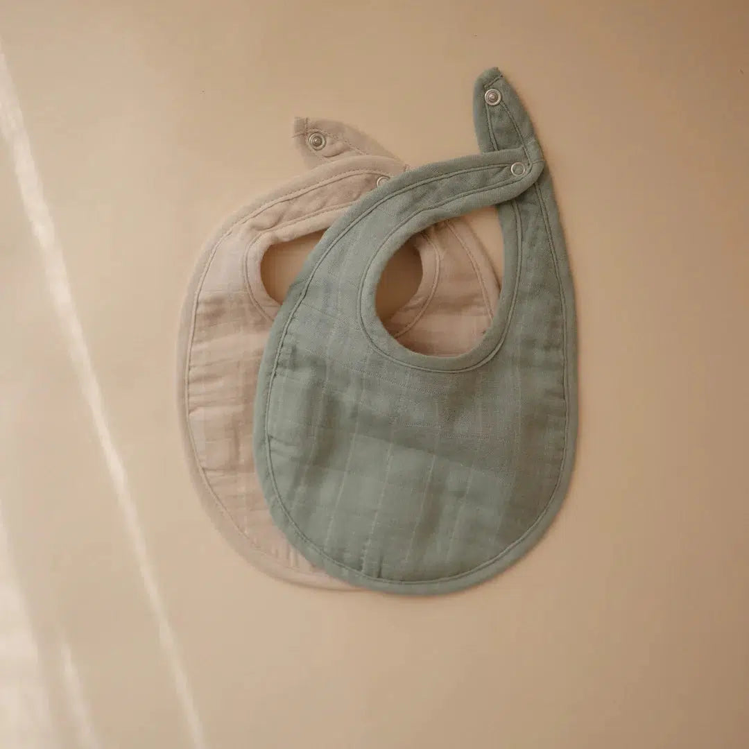 Mushie Organic Cotton Muslin Bibs 2 Pack - Roman Green & Fog | Soft Baby Drool Bibs for Feeding, Teething & Messy Playtime
