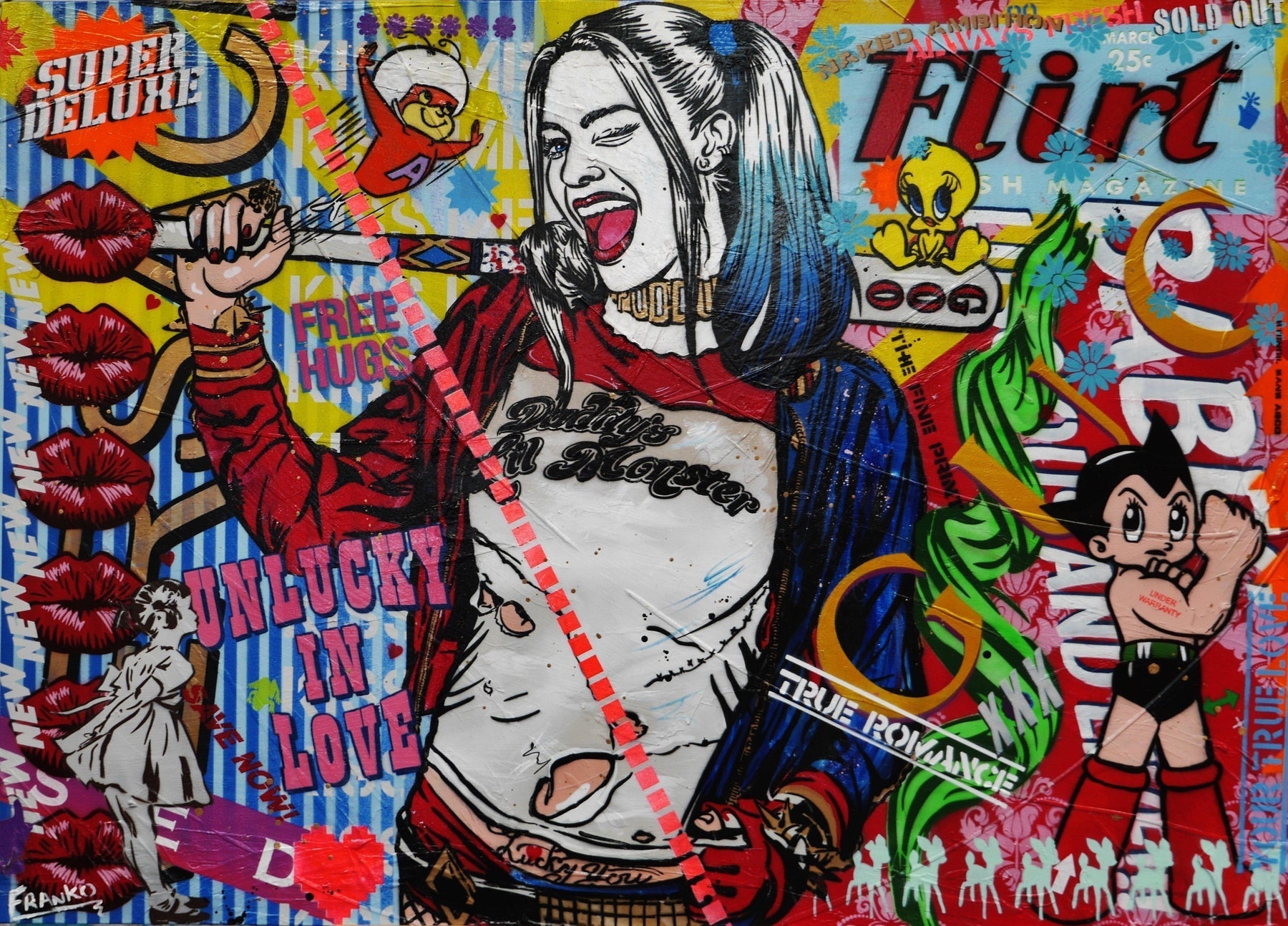 Harley Quinn and Tweety Bird Textured Urban Pop Art Painting - 140cm x 100cm Canvas Wall Decor for Living Room, Bedroom, or Office - Unique Superhero Artwork for DC Comics Fans