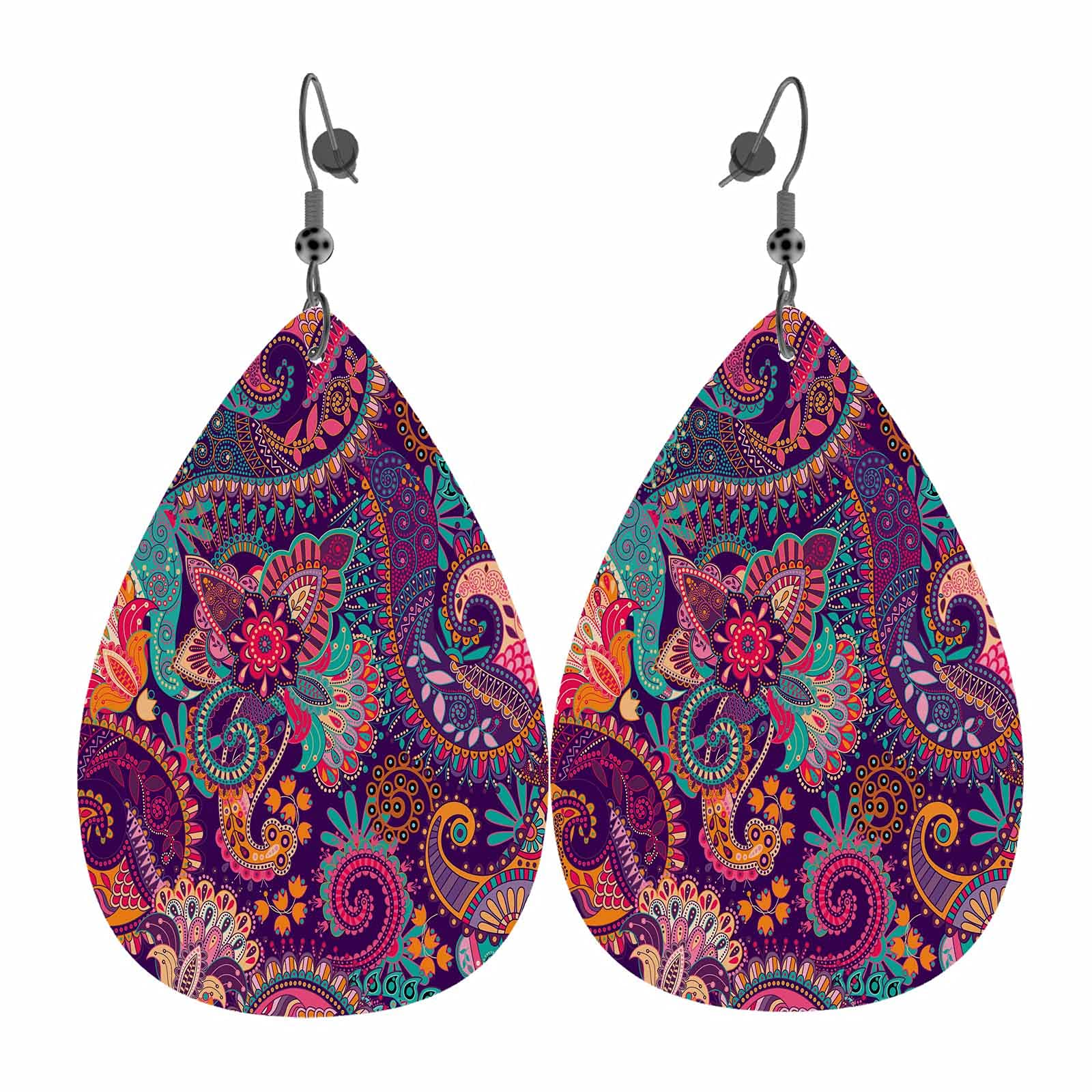 WONDERTIFY Floral Leather Earrings - Handmade Indonesian Paisley Design, Lightweight Teardrop Dangle Earrings with Double-Sided Stylized Flowers, Colorful Leaf Earrings for Women & Girls | Perfect for Boho Fashion, Summer Outfits, and Special Occasions