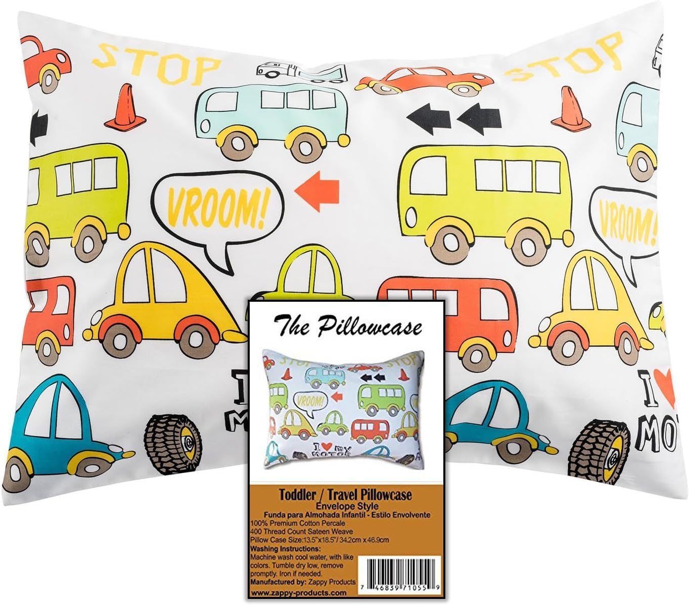 100% Cotton Sateen Toddler Pillowcase - Hypoallergenic Soft Kids Travel Pillow Cover (Fits 13x18 & 14x19 Inch) 400 Thread Count - Cars Design for Bedtime & Airplane Travel
