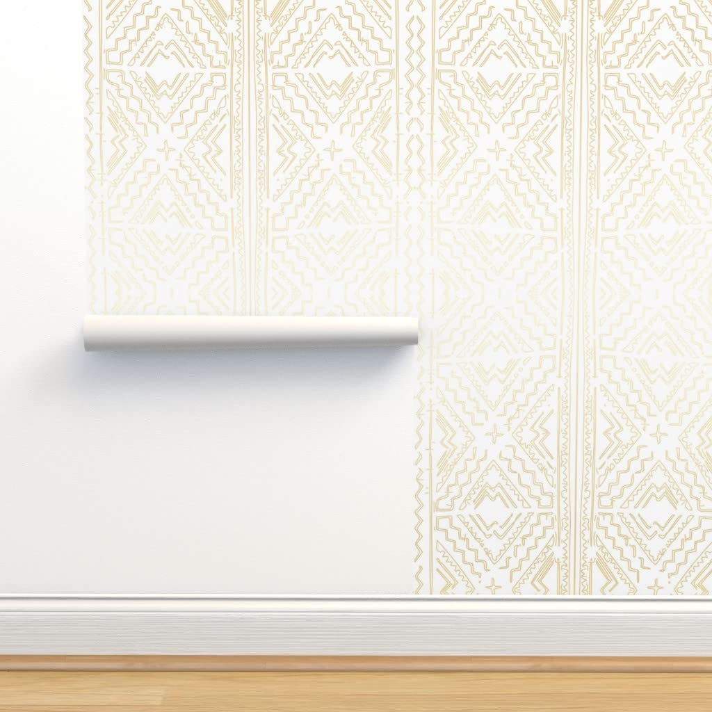 Premium Commercial Grade Wallpaper Swatch - Boho Mud Cloth Inspired Gold Tribal Pattern, Large White Minimalist Glam Traditional Wallpaper Roll by Spoonflower | Perfect for Living Room, Bedroom, and Office Decor