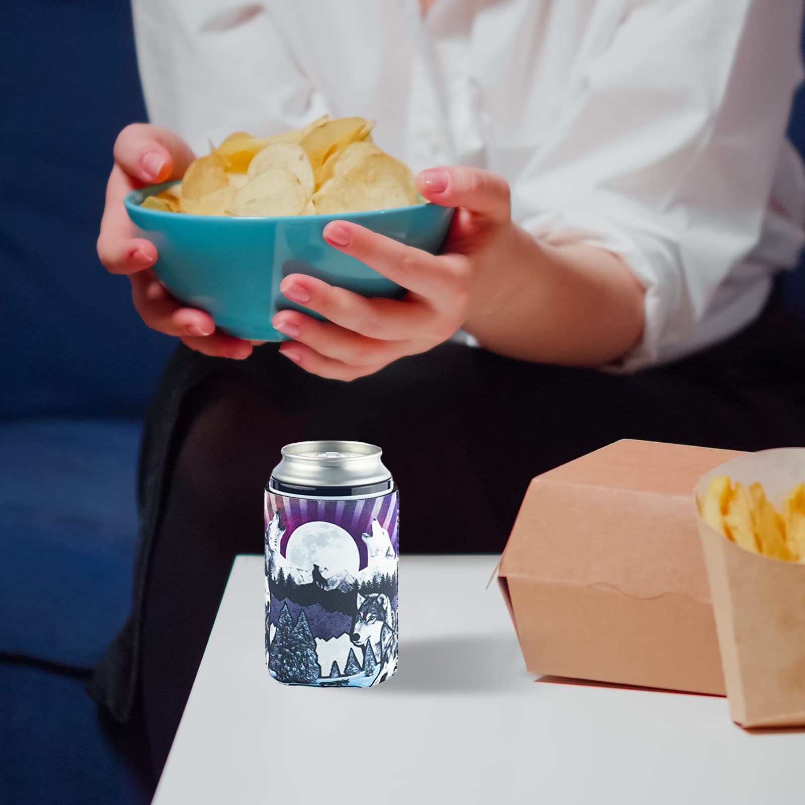 Funny Wolf Design Collapsible Neoprene Can Cooler - Insulated Beer & Soda Holder for Camping, Beach & Outdoor Parties