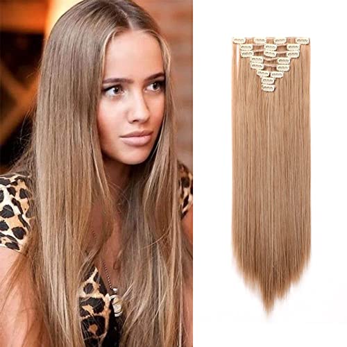 Benehair Clip in Hair Extensions 8PCS 23inch Long Straight Synthetic Ombre Two-Tone Hairpieces - Light Ash Brown & Bleach Blonde Highlights for Women | Double Weft for Volume & Length | Perfect for Parties, Weddings & Everyday Styling
