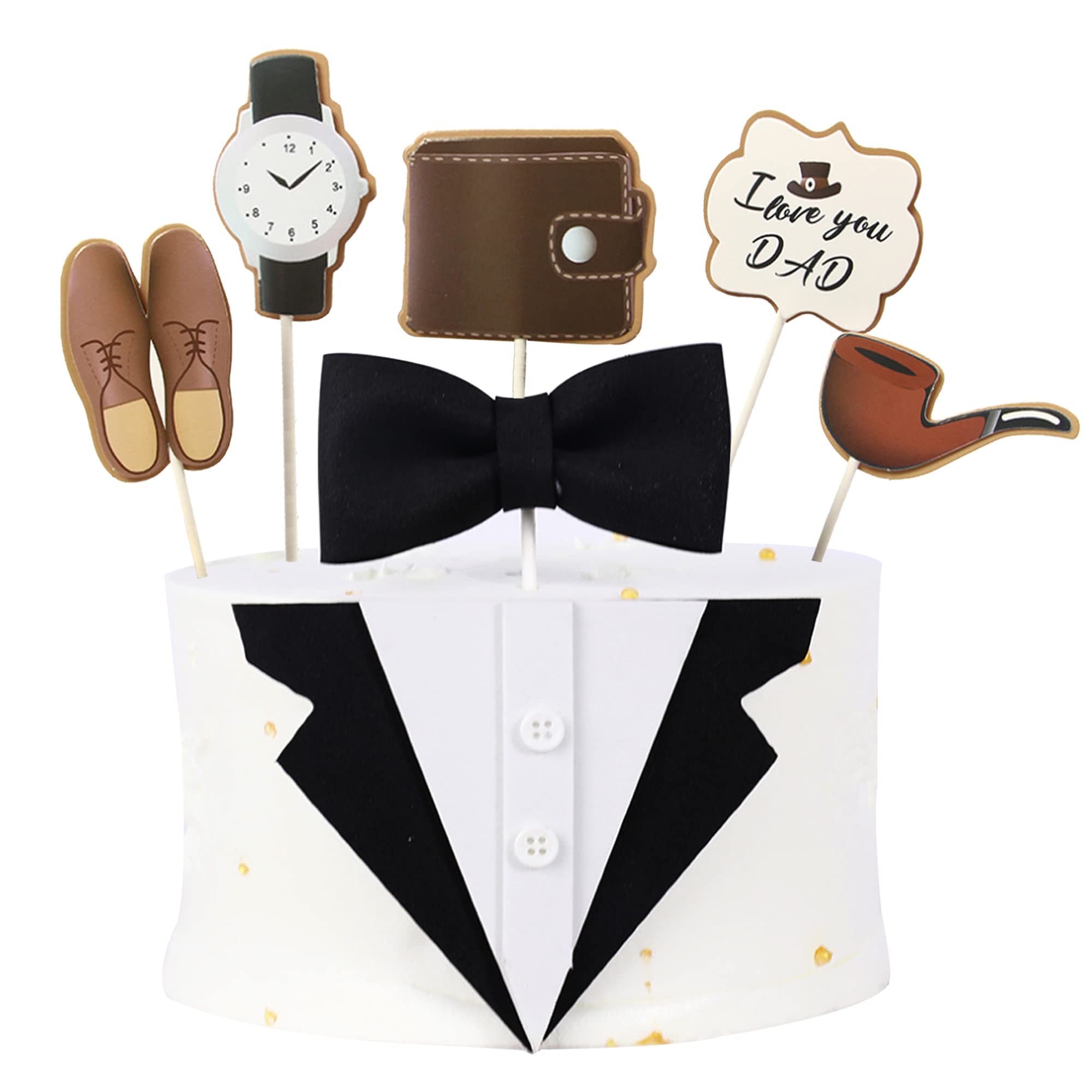 Happy Birthday Dad Cake Toppers - Father's Day Cake Decorations with Black Bow Tie, Watch, Shoes, Pipe & Wallet - I Love You Dad Cupcake Toppers for Birthday Party Supplies | Perfect for Dad's Surprise Party, Retirement Celebration & Family Gatherings
