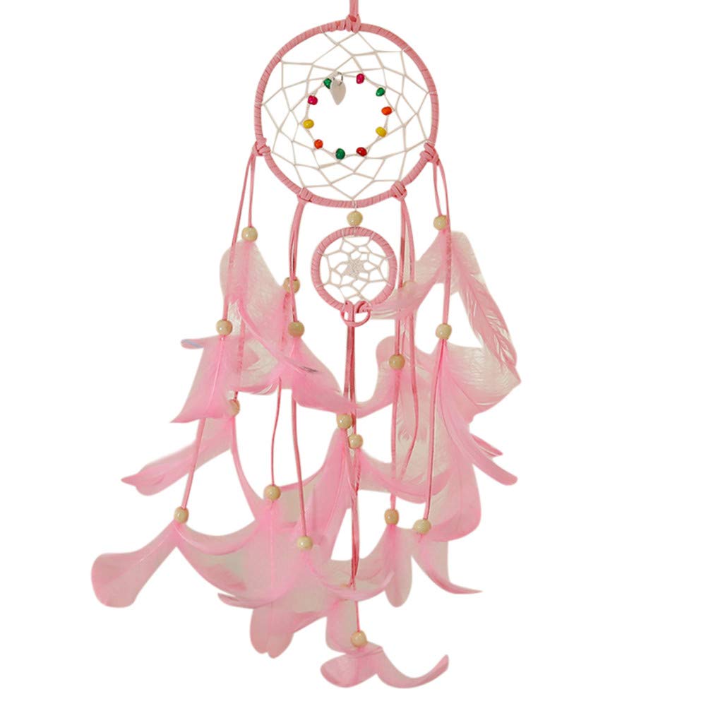 Handmade Dream Catcher with 20 LED Lights & Feathers - 2 Meter Wall Hanging Home Decor for Bedroom, Nursery, or Living Room - 4.7 Inch Diameter Romantic Pink Room Decoration for Girls