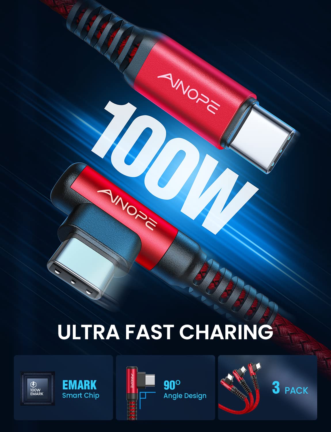 AINOPE 3-Pack USB C to USB C Cable 100W Fast Charging Cord - 6.6ft/6.6ft/10ft Right Angle Durable Charger for iPhone 16/16 Pro Max/Plus, MacBook, iPad Pro, Samsung Galaxy - Perfect for Home, Office & Travel (Red)