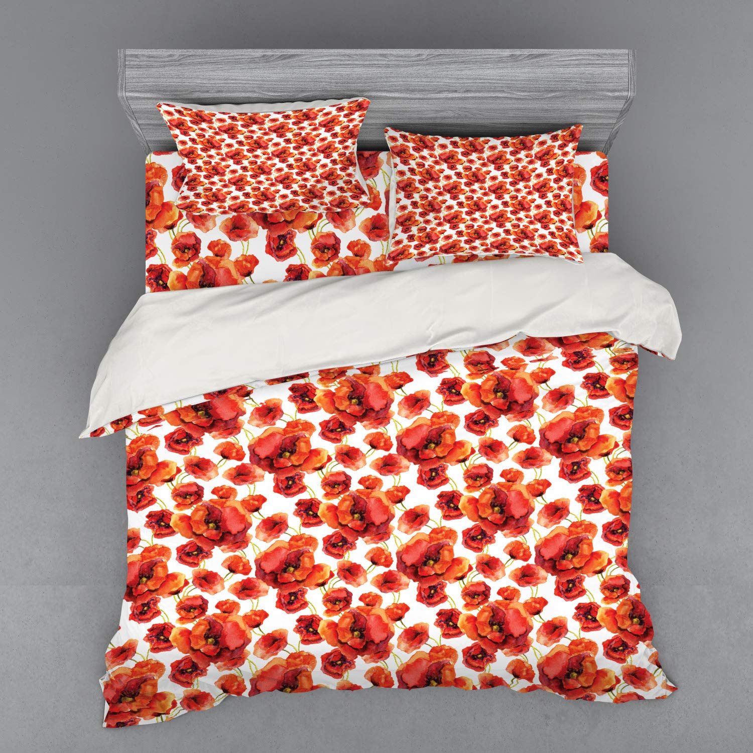 Ambesonne Floral Bedding Set - King Size 4-Piece Duvet Cover with Shams & Fitted Sheet | Red Poppy Flowers Watercolor Design | Nature Inspired Home Decor for Master Bedroom, Guest Room & Vacation Homes