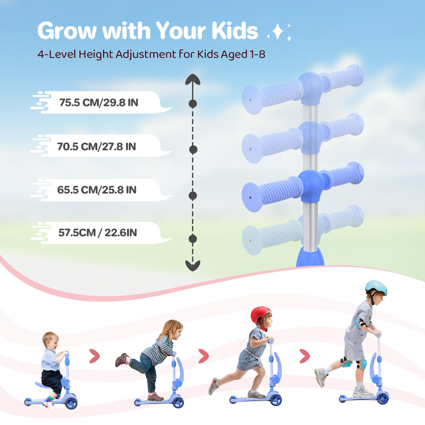 TONBUX 3 Wheel Scooter with Seat for Kids Ages 2-8 | Adjustable Height (4 Levels) | PU Luminous Wheels | Non-Slip Handle & Wide Deck | Sensitive Brakes | Perfect for Outdoor Play, Commuting & Neighborhood Rides