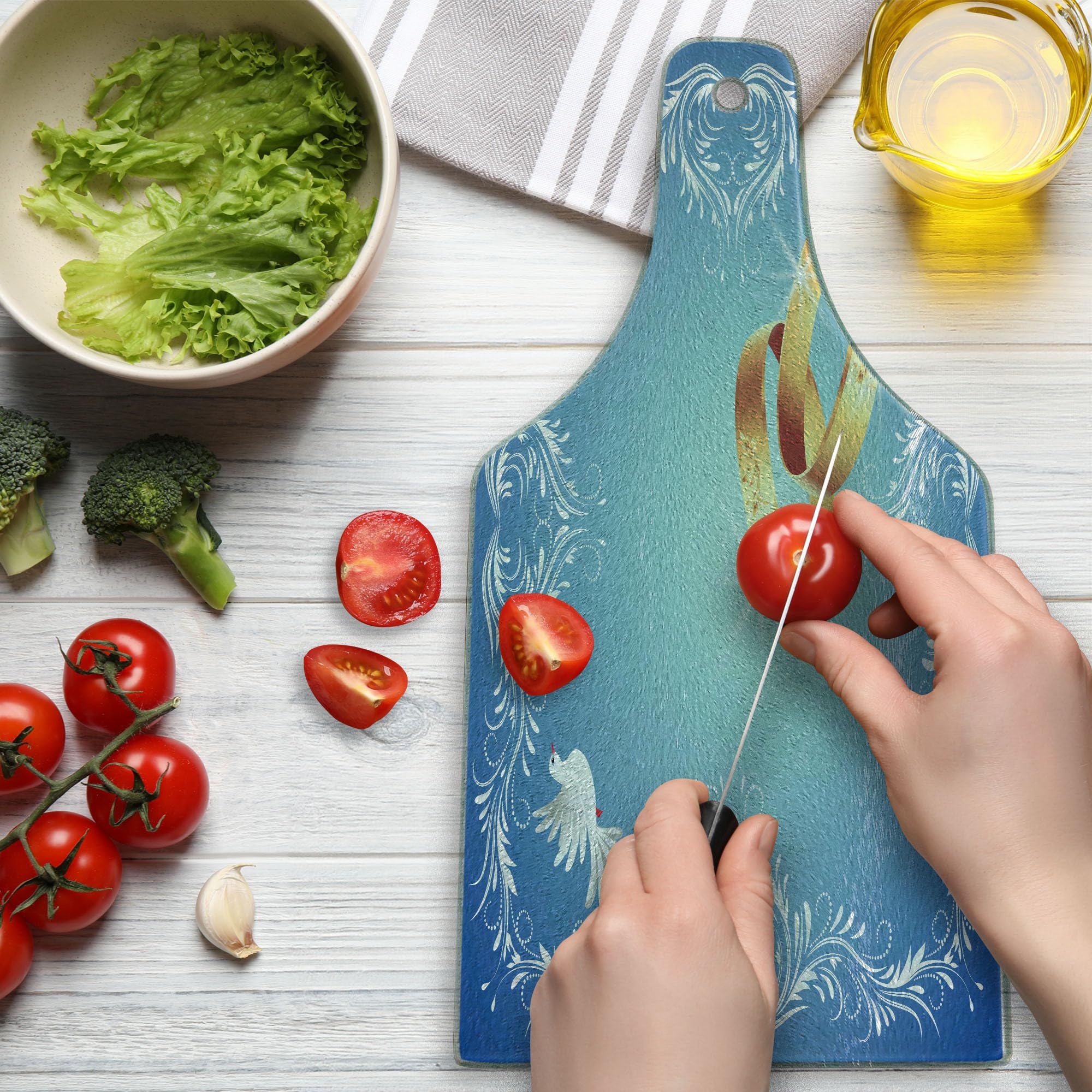 Ambesonne Wedding Cutting Board - Heart Shaped with Flying Doves & Wedding Rings - Tempered Glass Serving Tray for Wine Bottles - Blue White & Caramel - Perfect for Anniversary Gifts, Bridal Showers & Romantic Dinner Serving