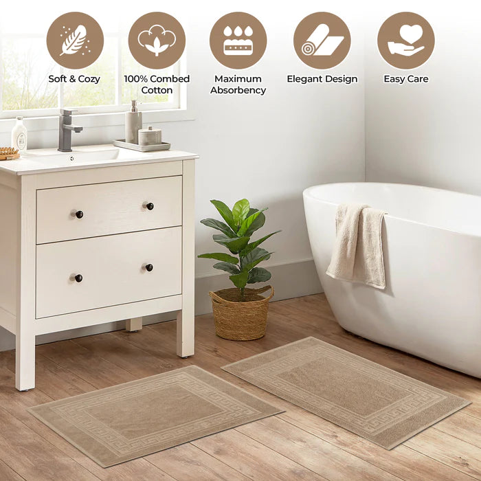 Premium Cotton 2-Piece Greek Key Border Bath Mat Set - Ultra Absorbent, Non-Slip Bathroom Rug - Perfect for Modern Bathrooms, Master Suites & Spa-Like Retreats