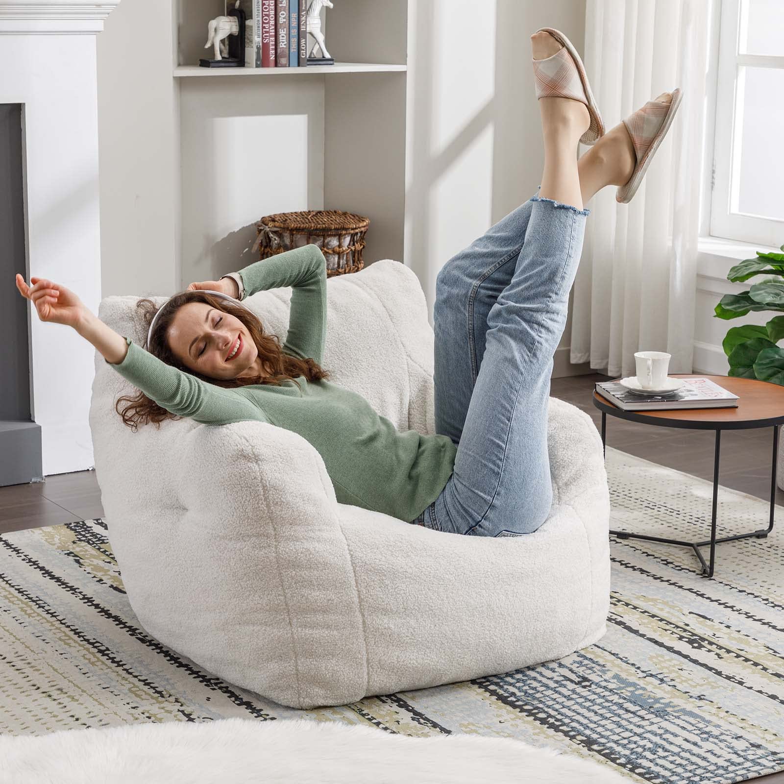 Antetek Ultra Soft Teddy Fabric Bean Bag Chair for Adults & Kids - Modern Accent Chair for Living Room, Bedroom, Apartment - Ivory | Cozy Seating for Relaxation, Gaming & Movie Nights