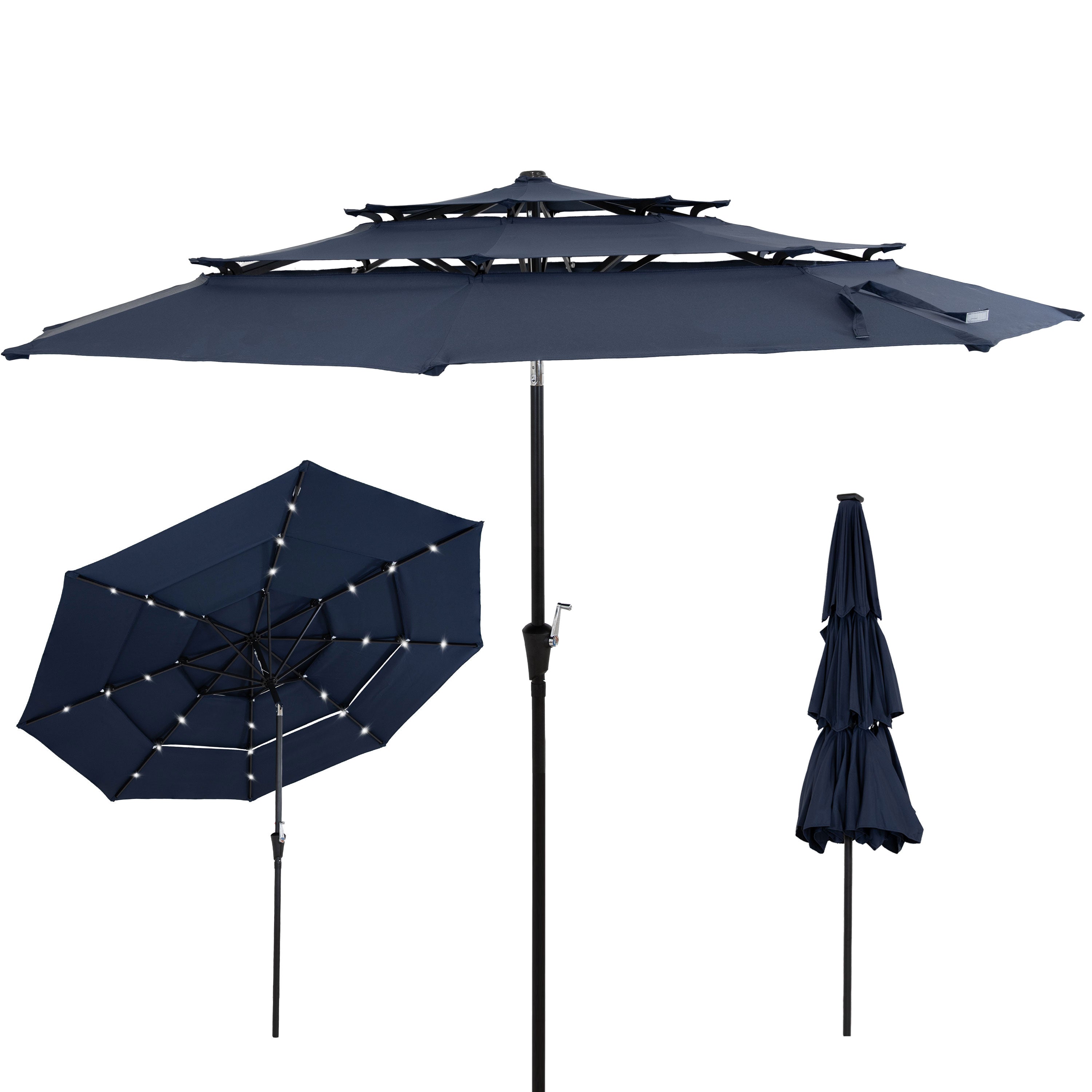 10 ft 3-Tier Large Outdoor Patio Umbrella with Tilt & Crank - Navy Blue Sun Shade for Poolside, Backyard, and Beach Relaxation