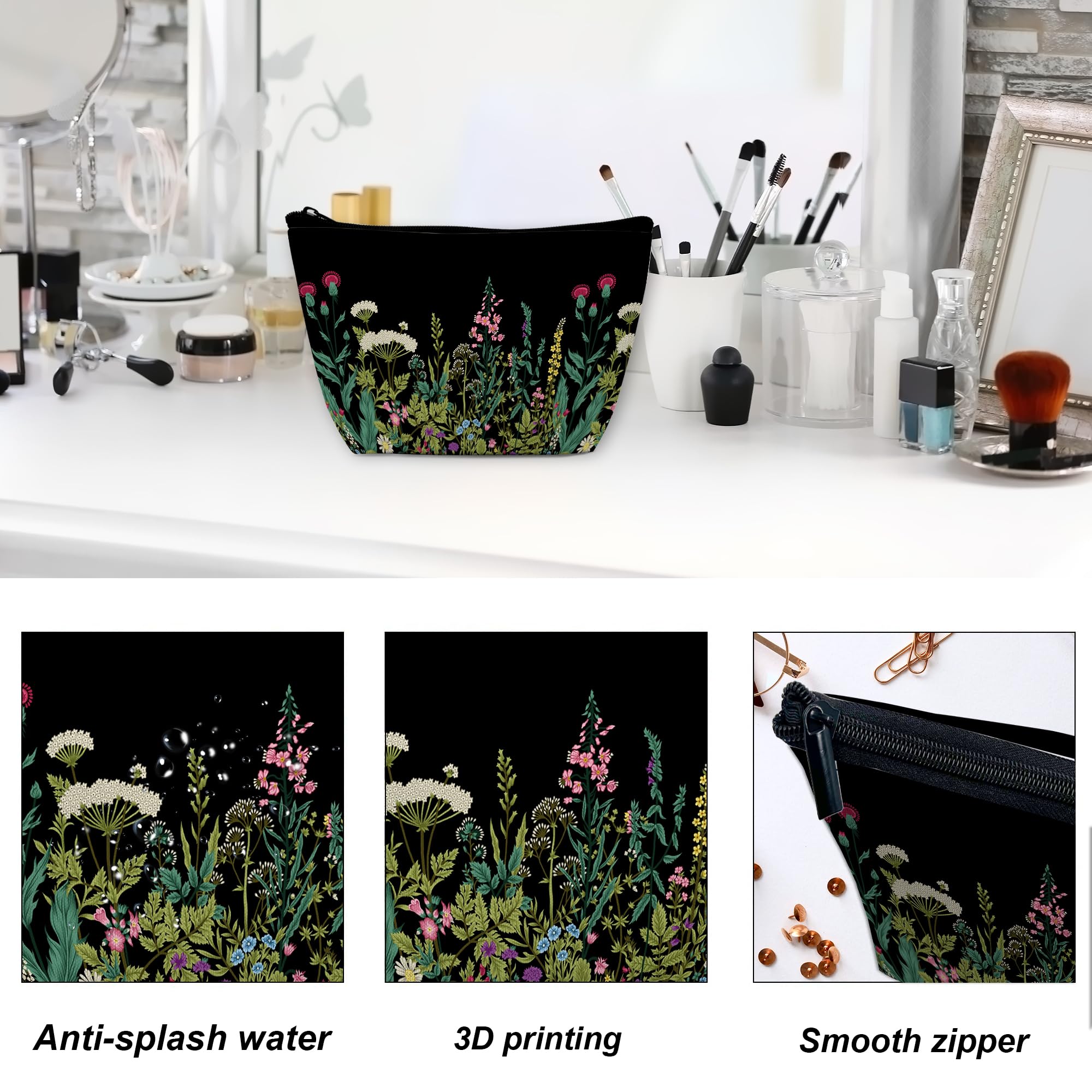 Floral Print Waterproof Makeup Bag for Women - 9.5×5.9 Inch Travel Cosmetic Organizer, Toiletry Pouch for Purse | Perfect Gift for Travel, Gym & Daily Essentials Storage