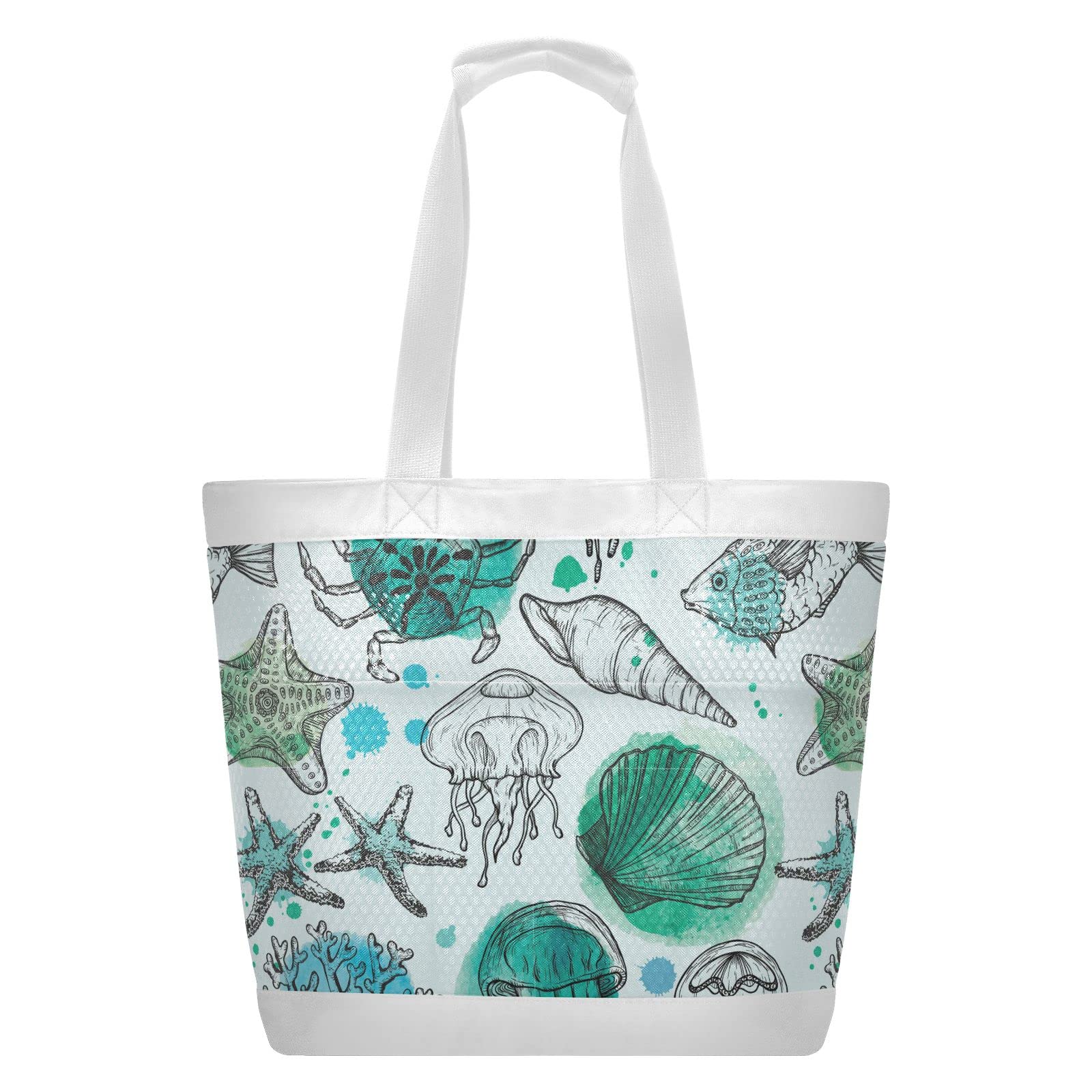 J JOYSAY Large Mesh Beach Tote Bag with Sea Shells & Fish Coral Print - Women's Stylish Top Handle Handbag for Shopping, Gym, Sports & Beach Outings | Perfect for Summer Vacations, Pool Parties & Seaside Adventures
