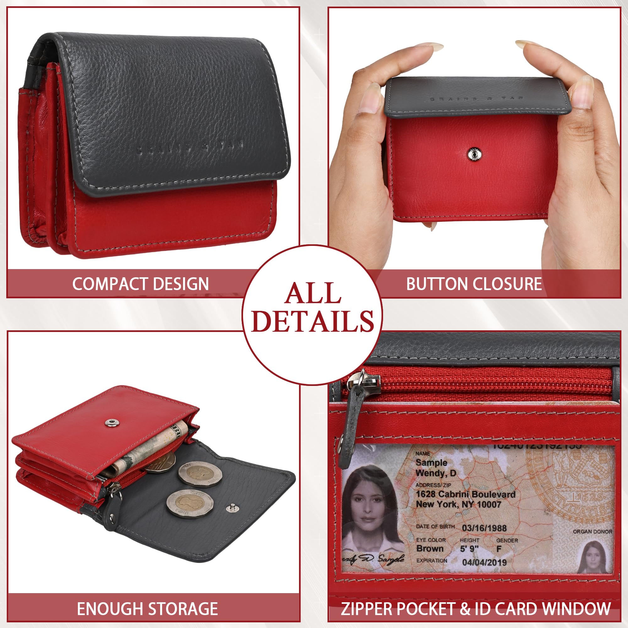 Genuine Leather Slim Wallet for Women - RFID Blocking Credit Card Holder with Coin Purse & External ID Window | Small Bifold Wallet for Everyday Use, Travel & Business (Grey/Red)